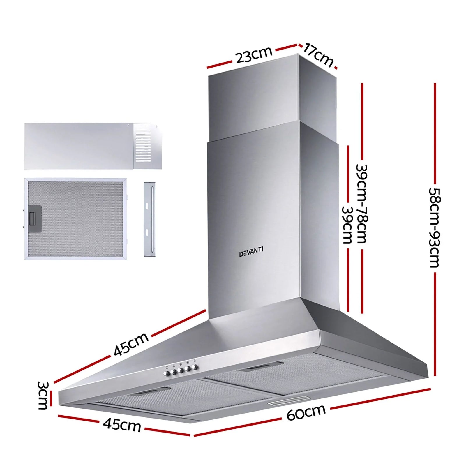 600mm Range Hood – Stainless Steel, Strong Suction, 3‑Speed, LED Light
