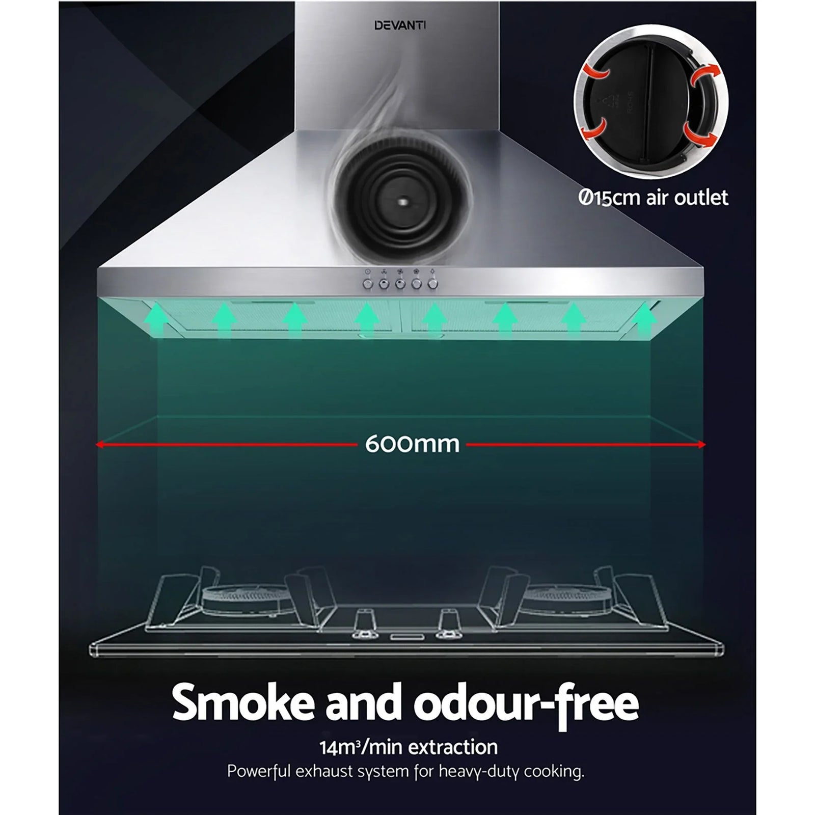 600mm Range Hood – Stainless Steel, Strong Suction, 3‑Speed, LED Light