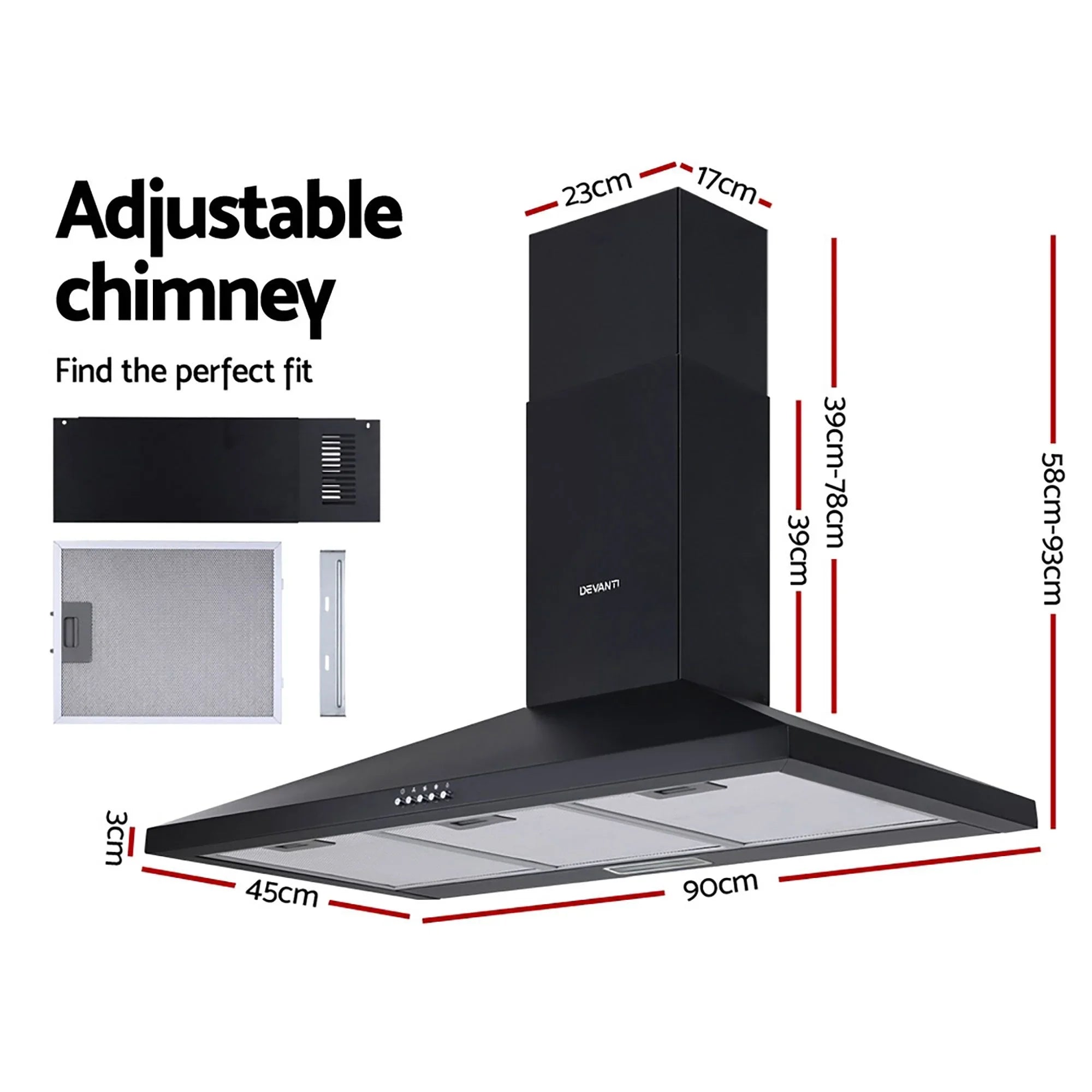 900mm Range Hood – Wall Mounted, Strong Suction, 3‑Speed, LED, Black