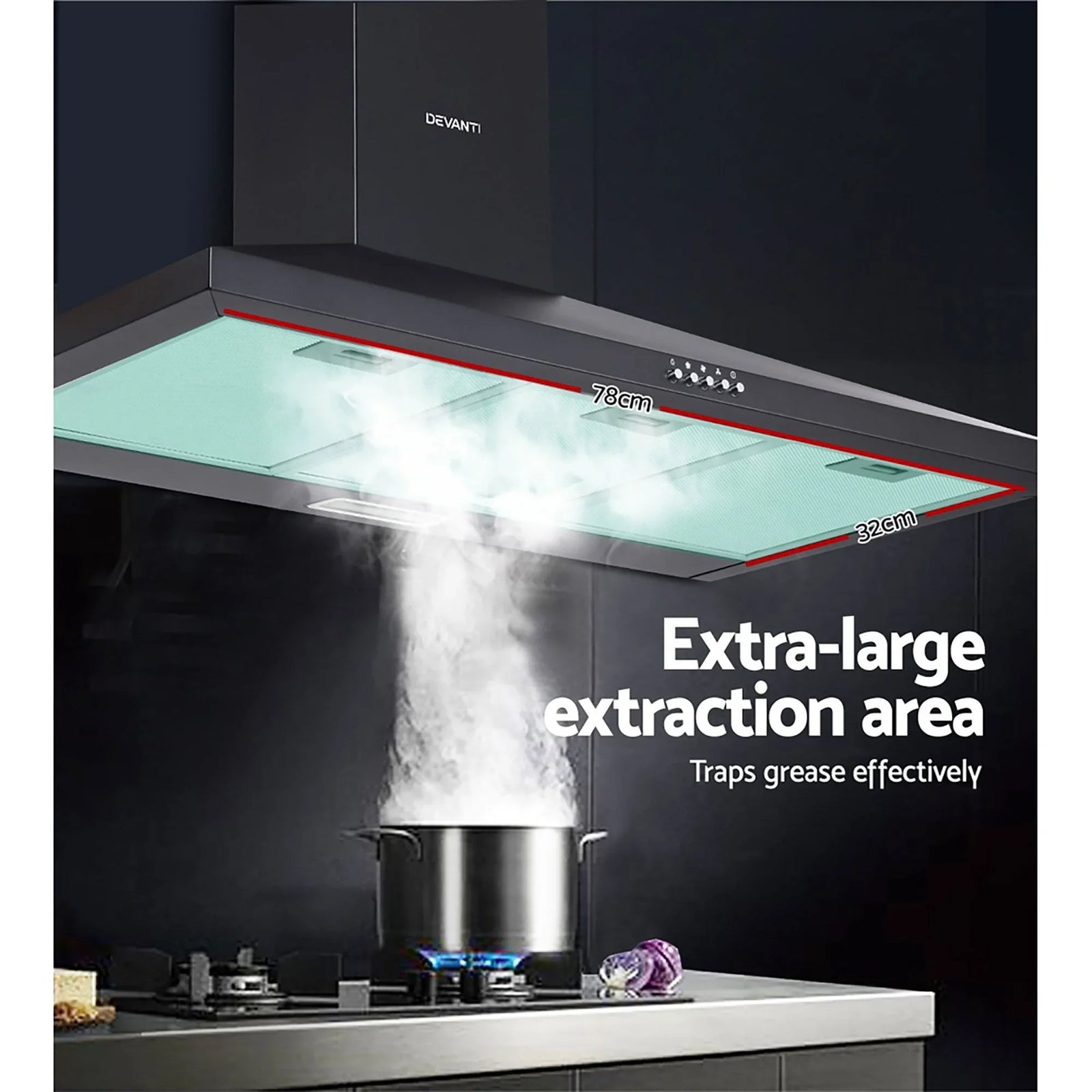 900mm Range Hood – Wall Mounted, Strong Suction, 3‑Speed, LED, Black