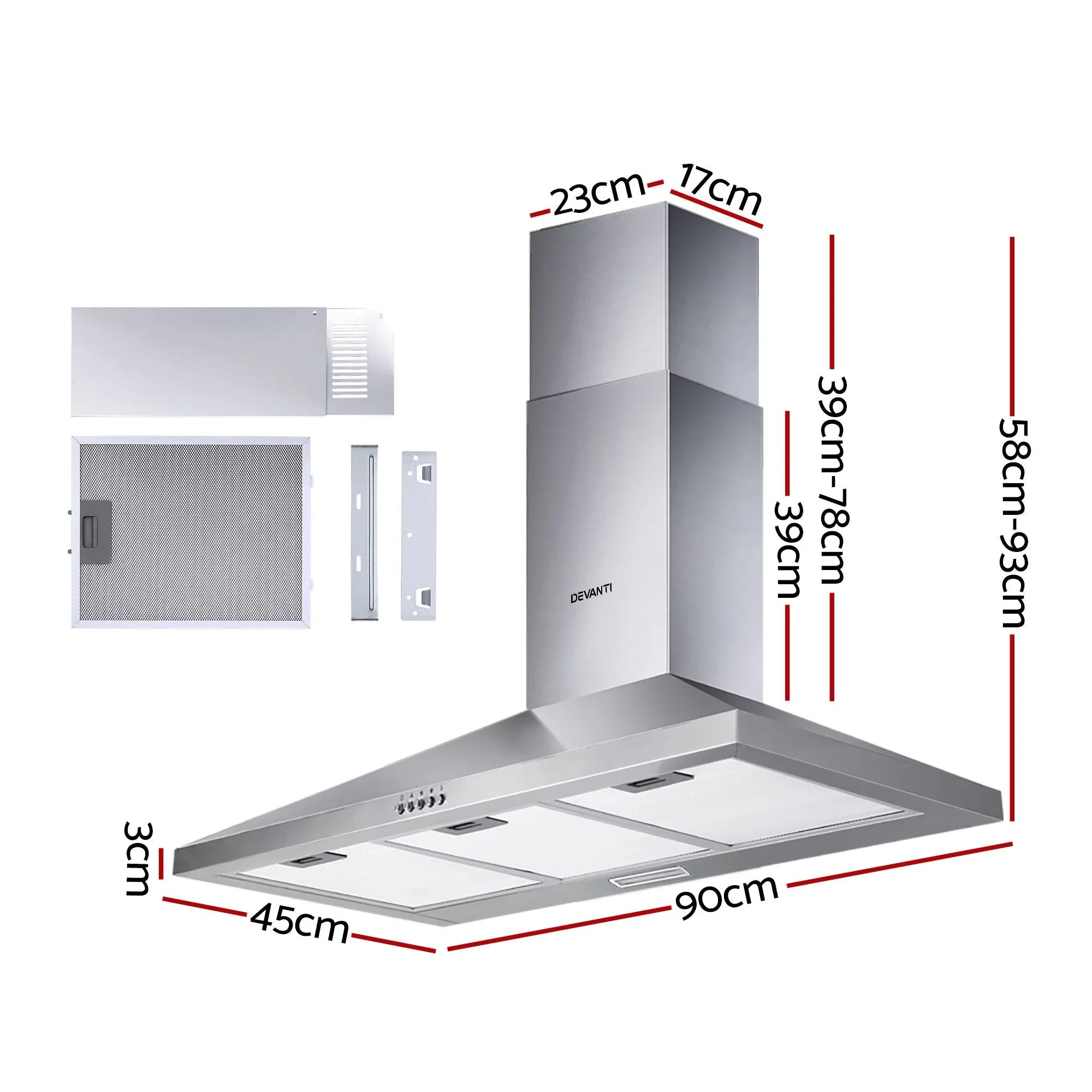 900mm Range Hood – Stainless Steel, 3‑Speed, Triple Filters, LED Light