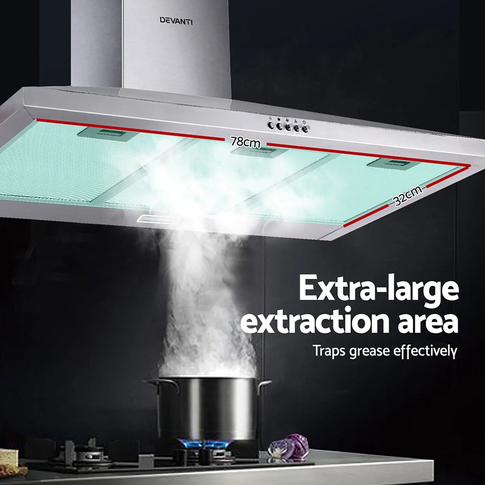 900mm Range Hood – Stainless Steel, 3‑Speed, Triple Filters, LED Light