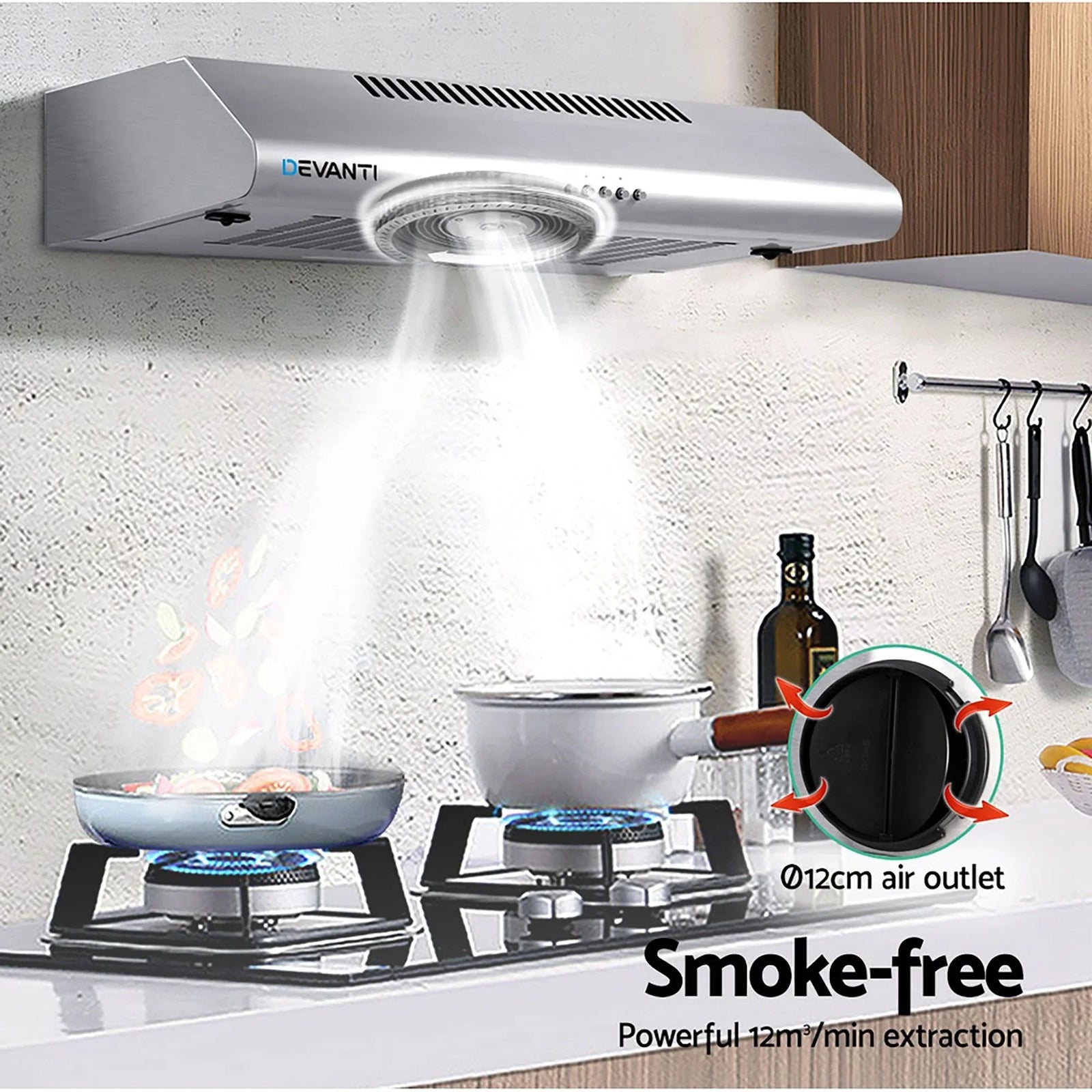 Range Hood 600mm Stainless Steel 3 Speed LED Light Ducted 720m³/h