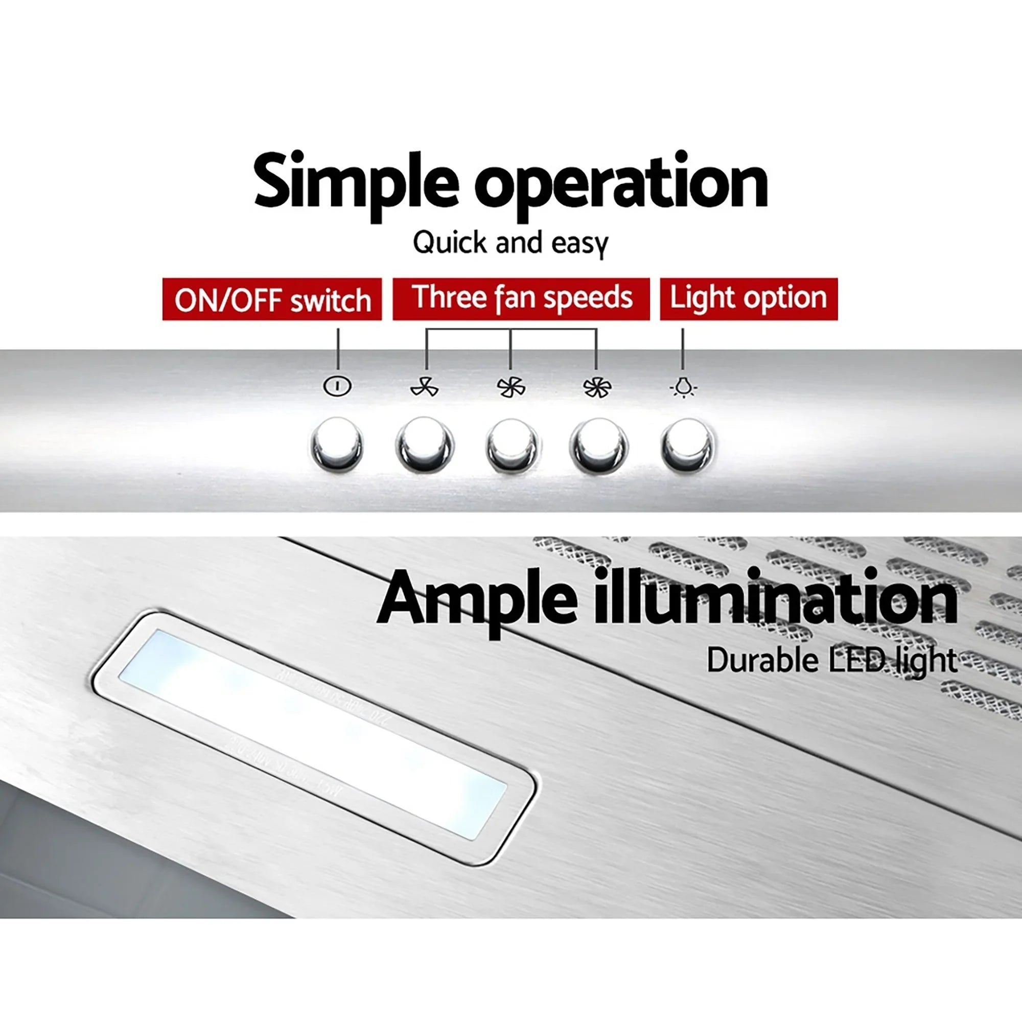 Range Hood 600mm Stainless Steel 3 Speed LED Light Ducted 720m³/h