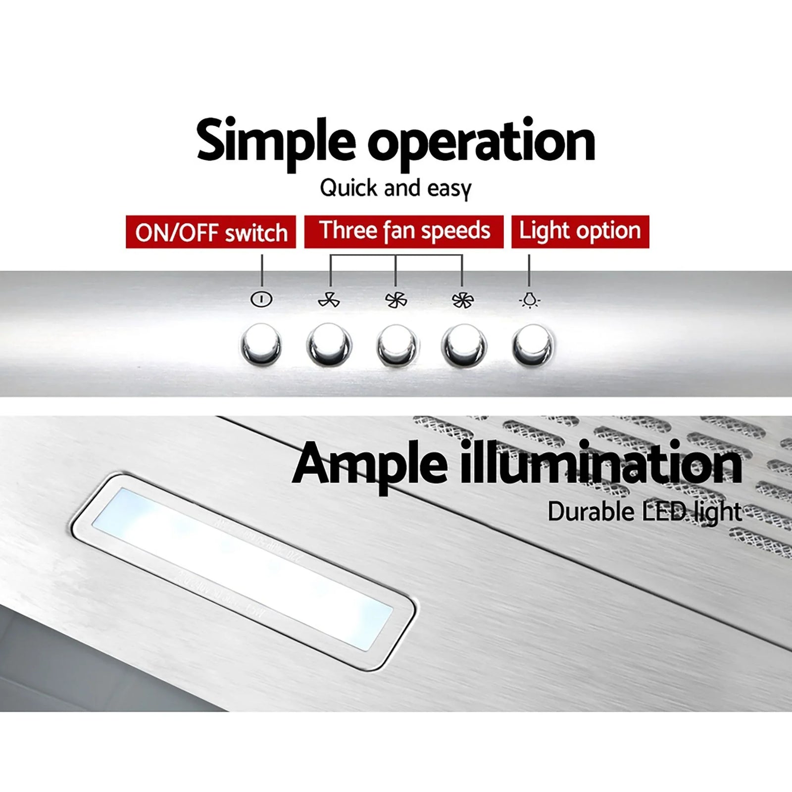 Range Hood 600mm Stainless Steel 3 Speed LED Light Ducted 720m³/h