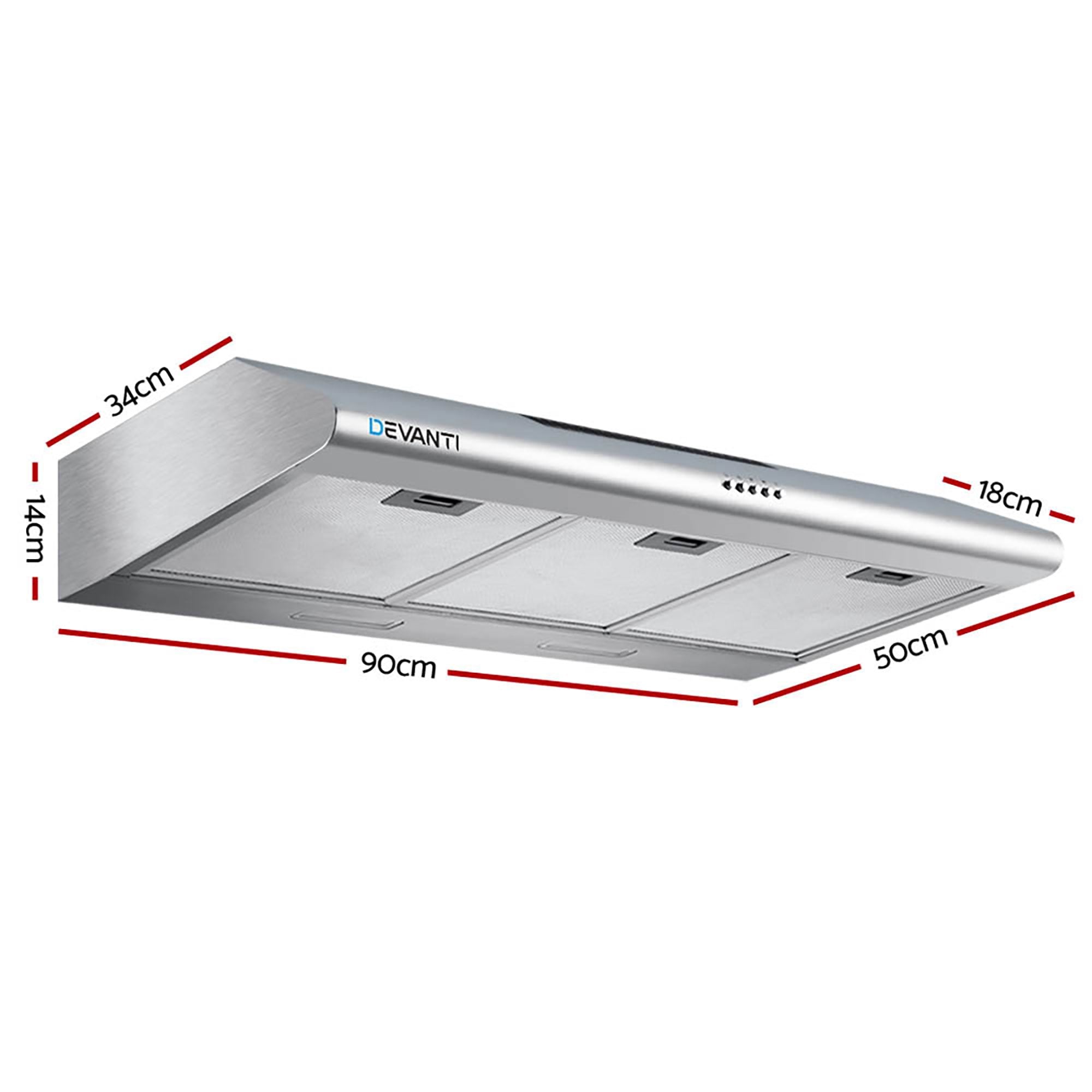 900mm Range Hood – Stainless Steel, 720m³/h, 3‑Speed, LED Lights