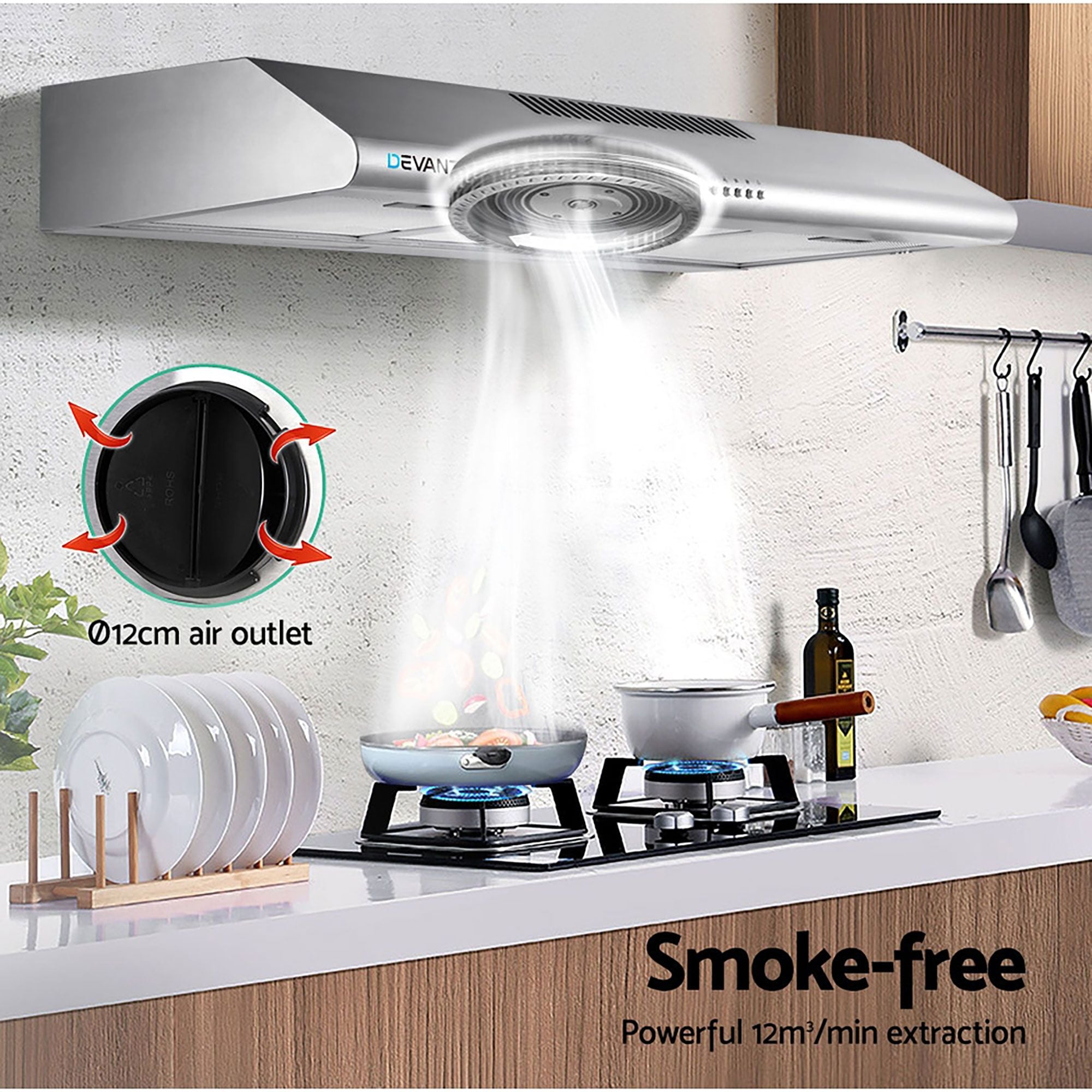 900mm Range Hood – Stainless Steel, 720m³/h, 3‑Speed, LED Lights
