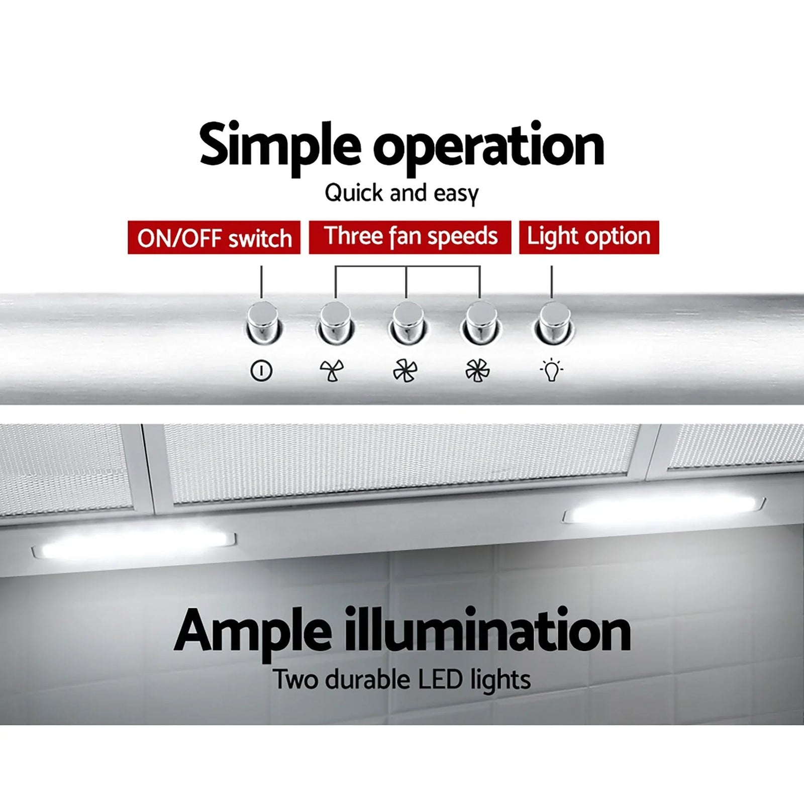 900mm Range Hood – Stainless Steel, 720m³/h, 3‑Speed, LED Lights