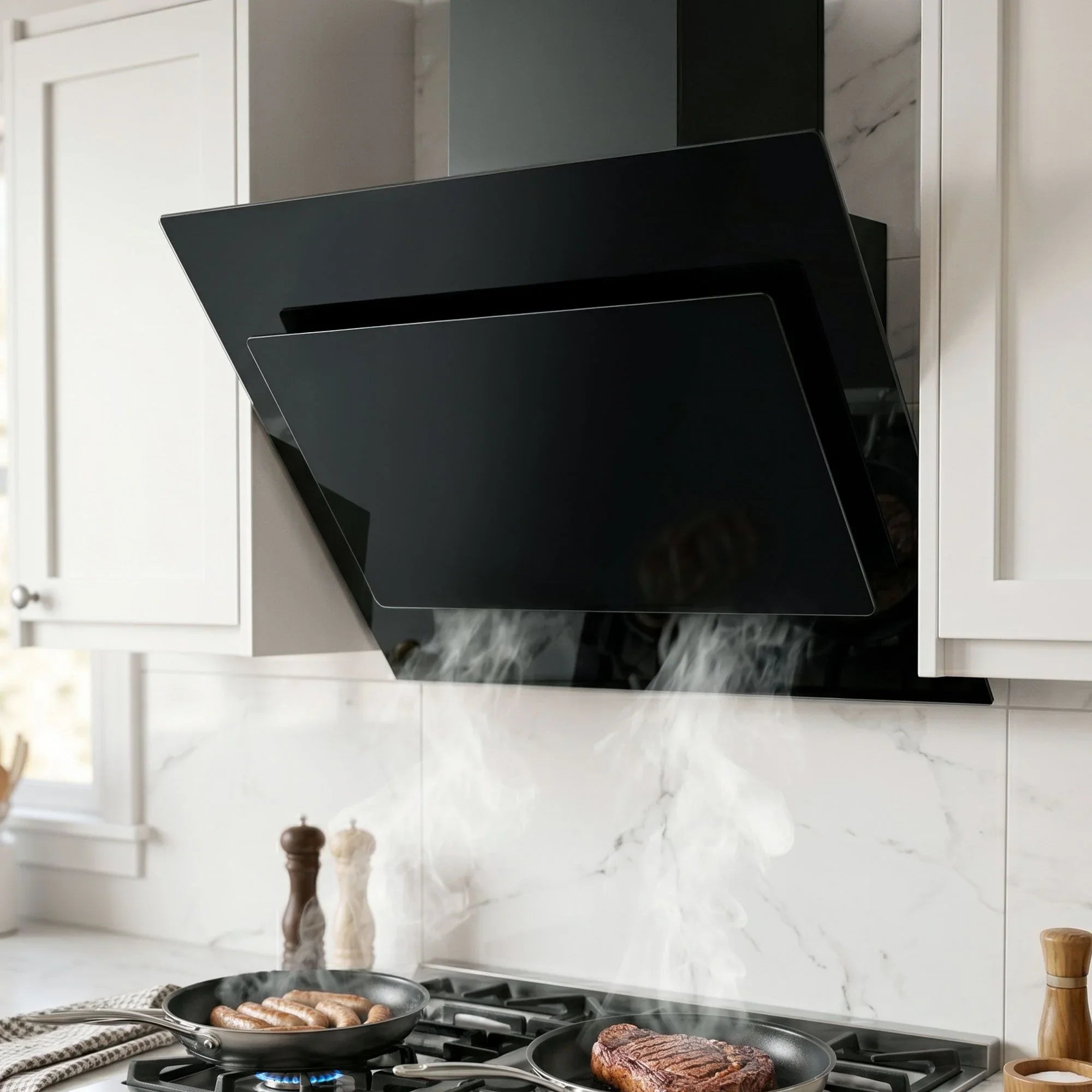 Angled Range Hood – 900mm Side‑Draft, Black Glass, 1150m³/h, Touch Control