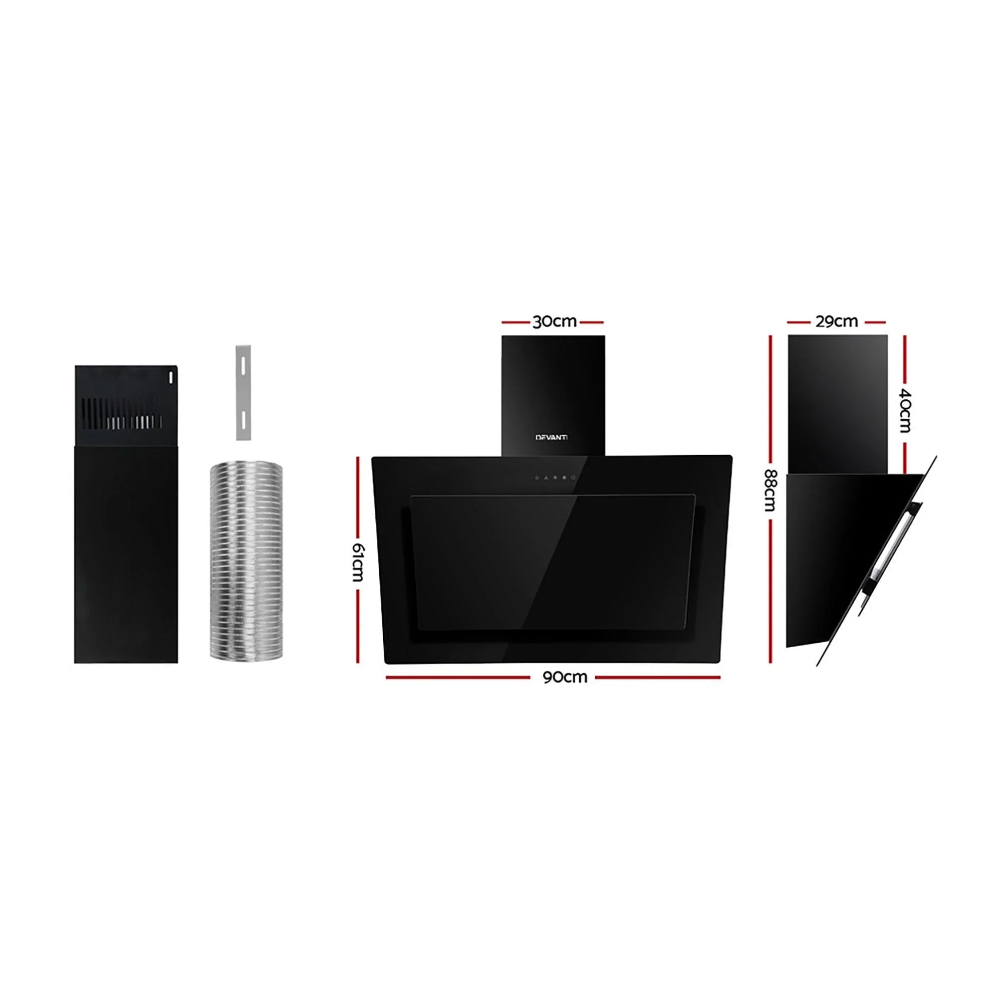 Angled Range Hood – 900mm Side‑Draft, Black Glass, 1150m³/h, Touch Control