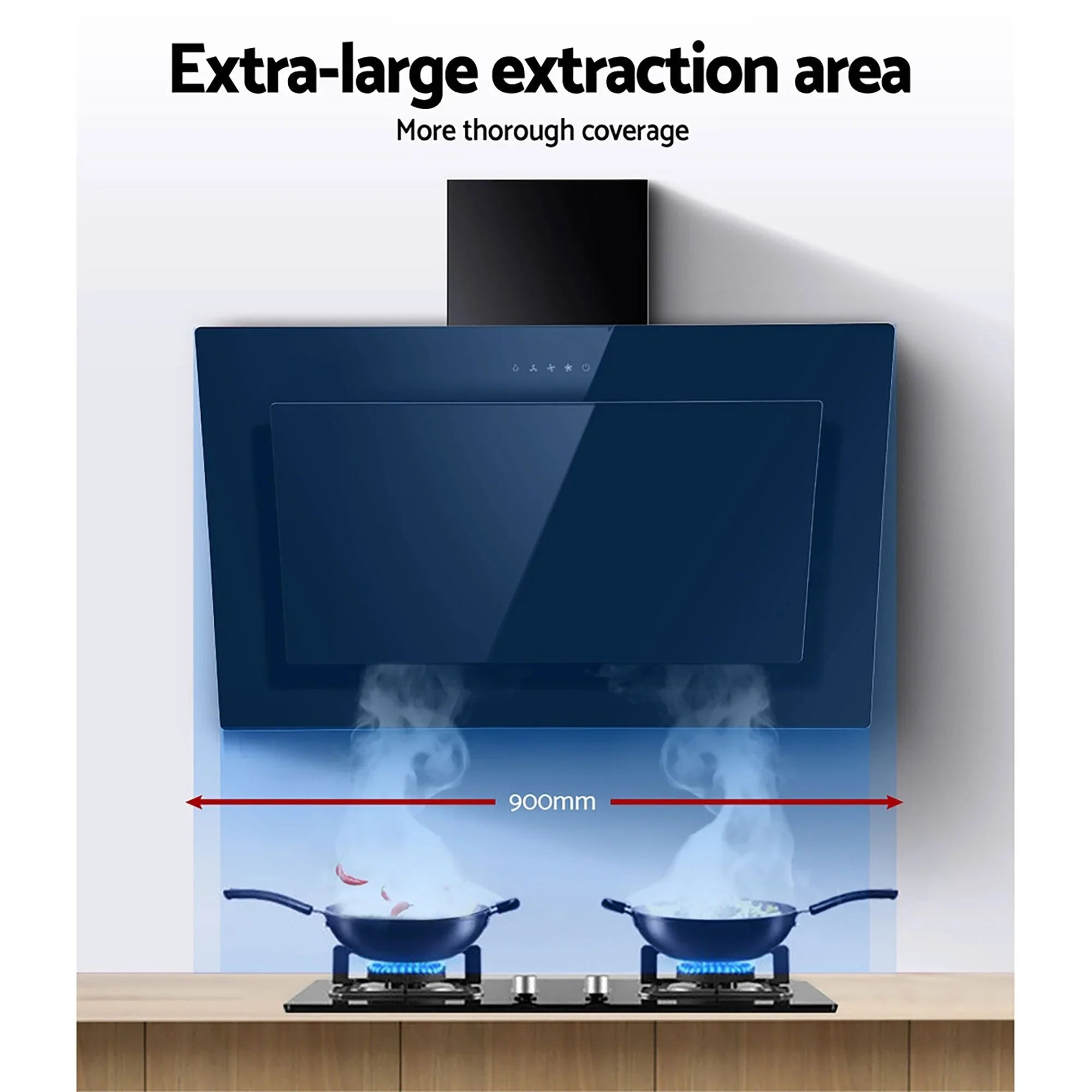 Angled Range Hood – 900mm Side‑Draft, Black Glass, 1150m³/h, Touch Control