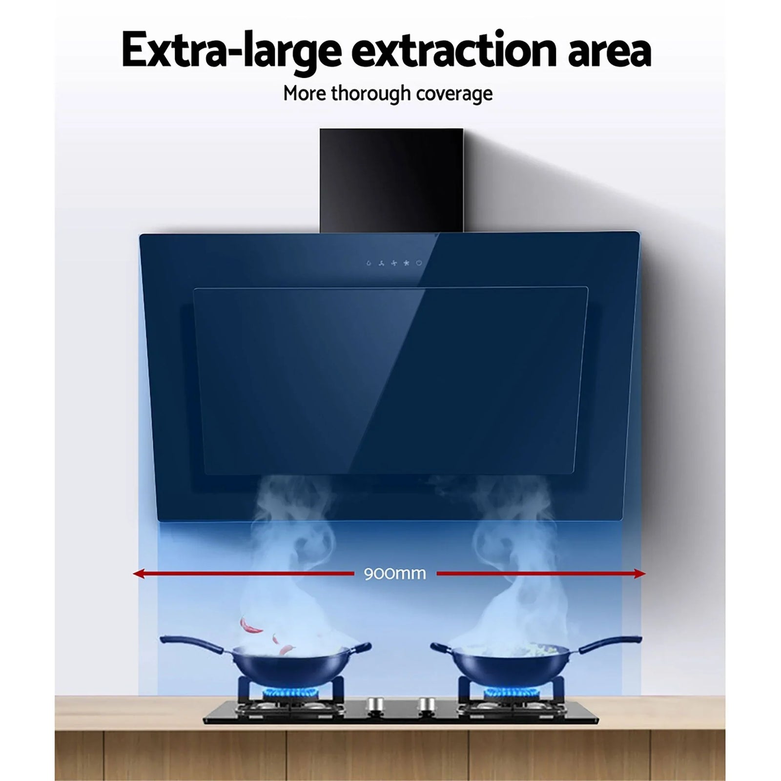 Angled Range Hood – 900mm Side‑Draft, Black Glass, 1150m³/h, Touch Control