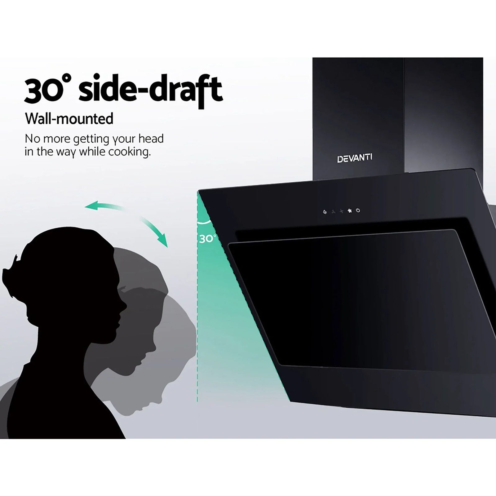 Angled Range Hood – 900mm Side‑Draft, Black Glass, 1150m³/h, Touch Control