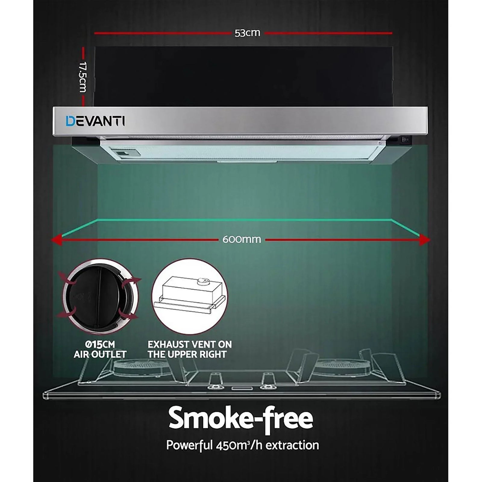 600mm Sliding Range Hood – Auto On/Off, 450m³/h, 2‑Speed, Stainless Steel