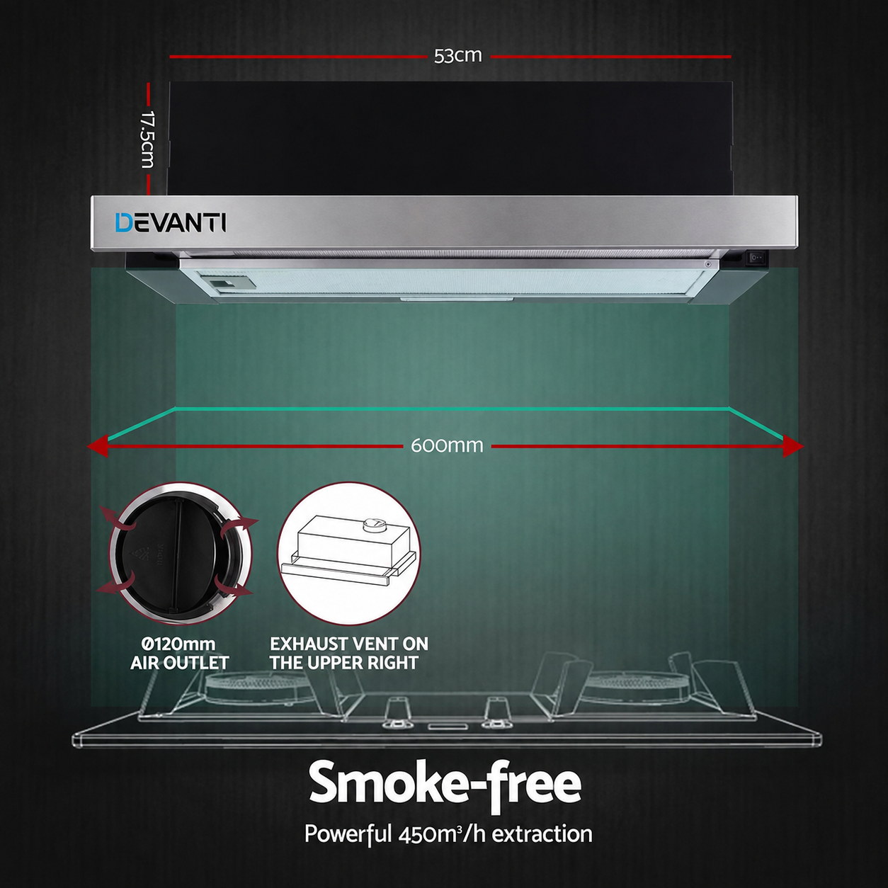 600mm Sliding Range Hood – Auto On/Off, 450m³/h, 2‑Speed, Stainless Steel