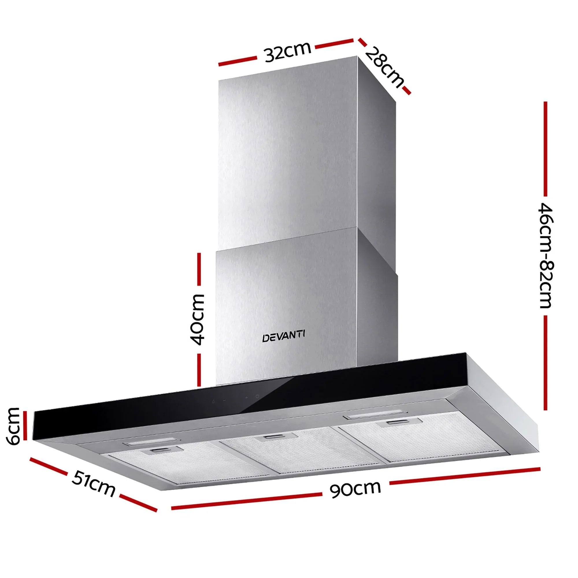 90cm Range Hood Black Glass Wall Mounted Kitchen Exhaust Fan