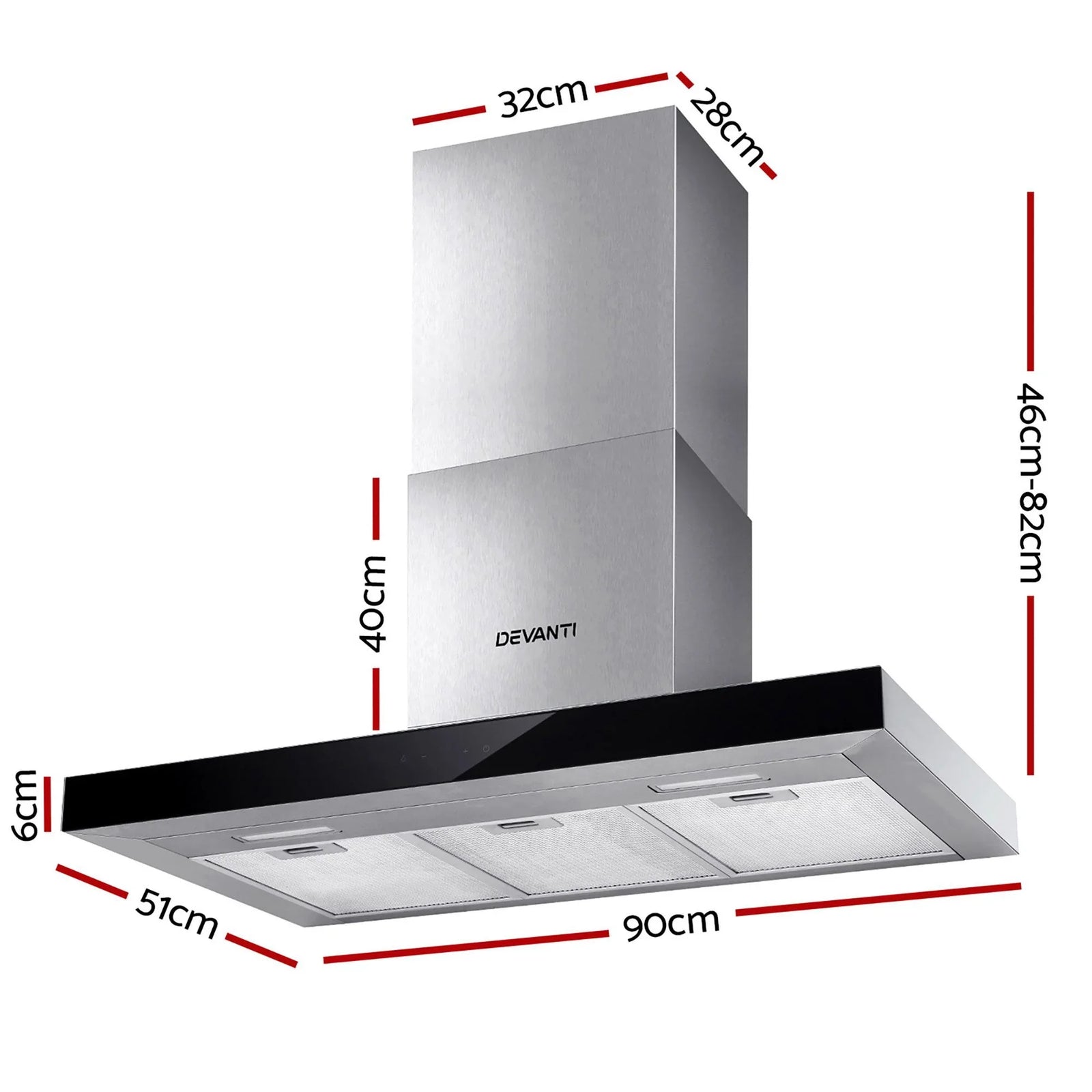 90cm Range Hood Black Glass Wall Mounted Kitchen Exhaust Fan