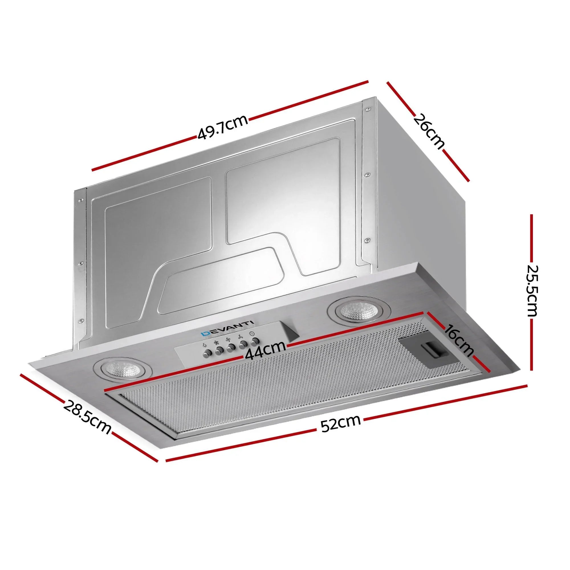 520mm Undermount Range Hood – Stainless Steel, 420m³/h, 3‑Speed, LED