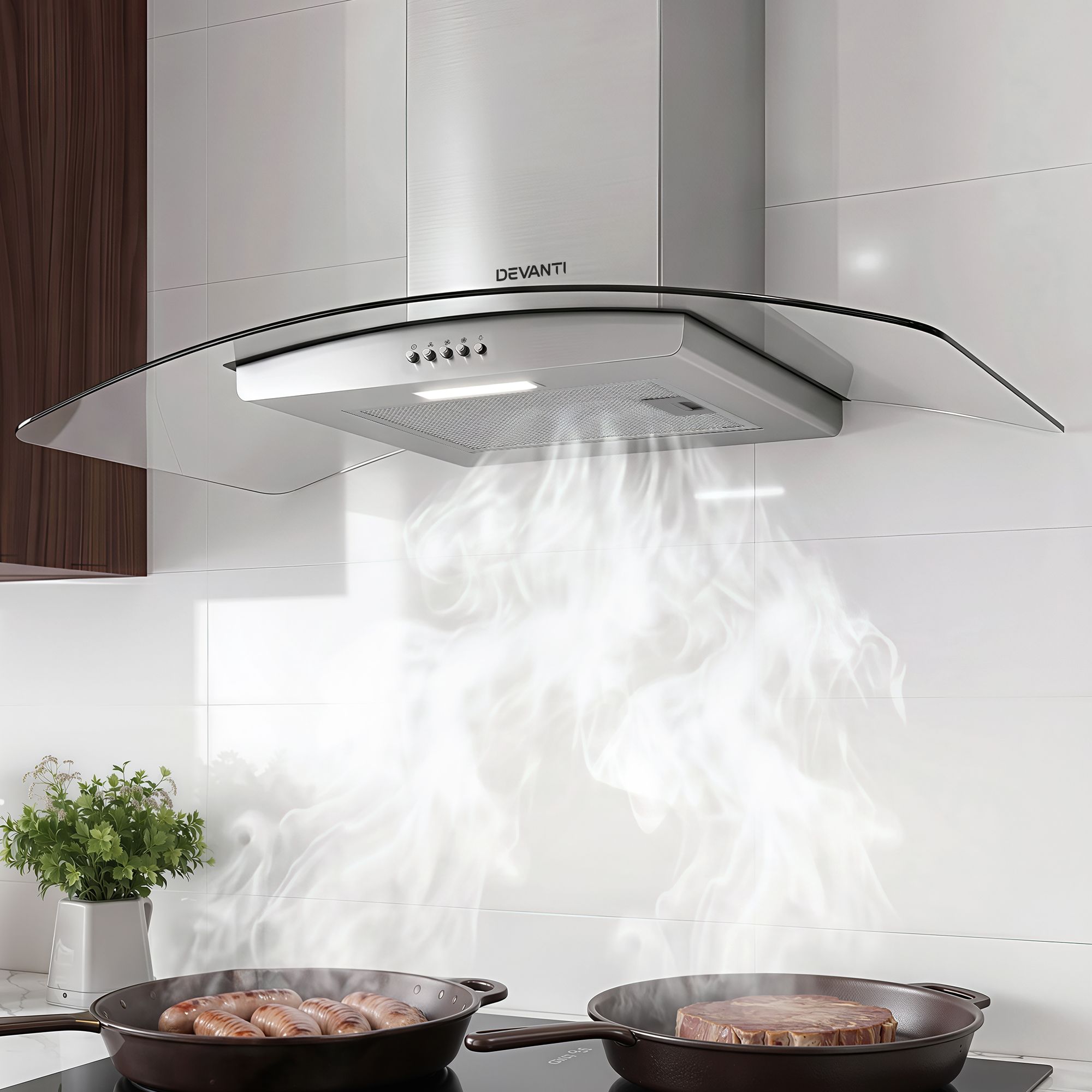90cm Curved Glass Range Hood – 400m³/h Stainless Steel Canopy