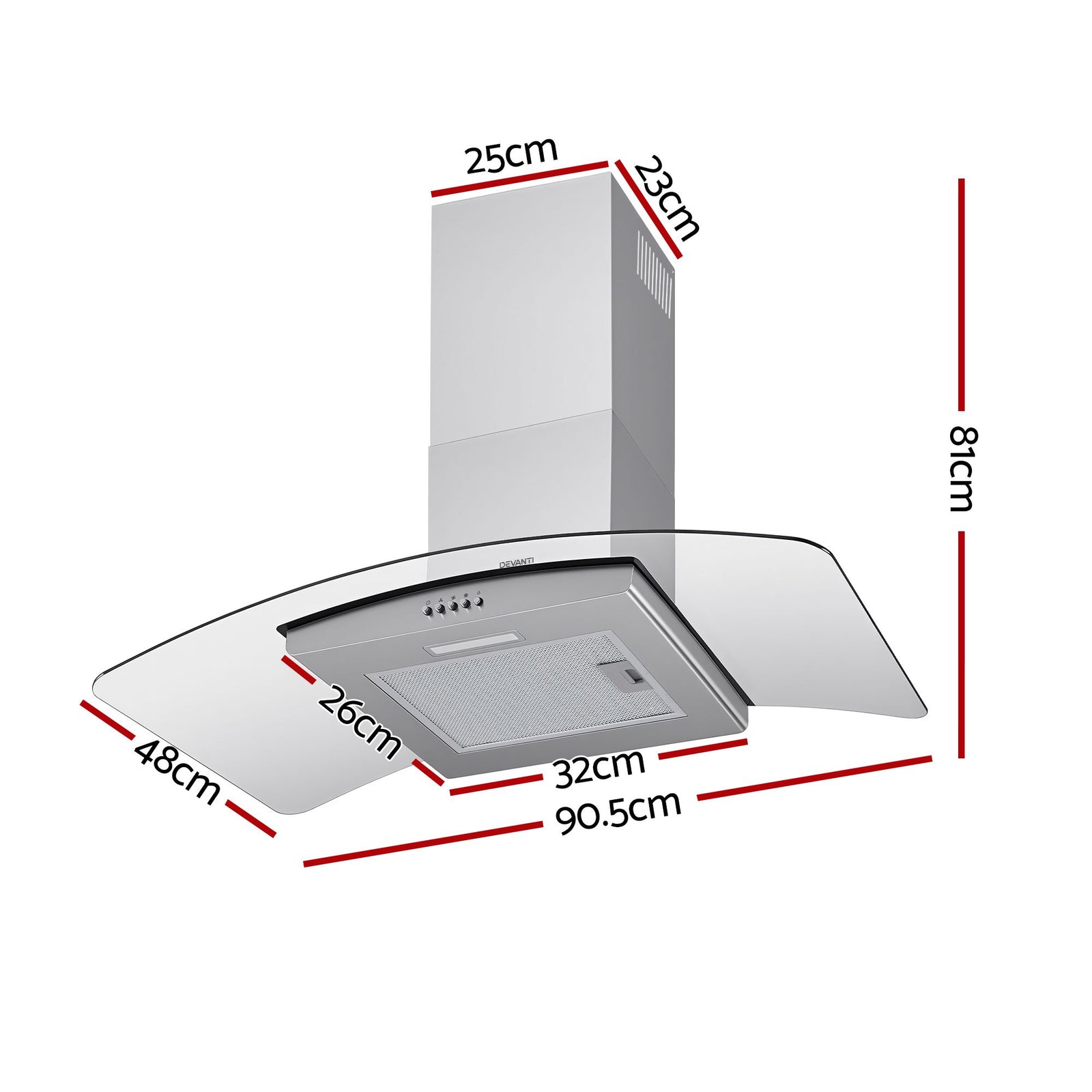 90cm Curved Glass Range Hood – 400m³/h Stainless Steel Canopy