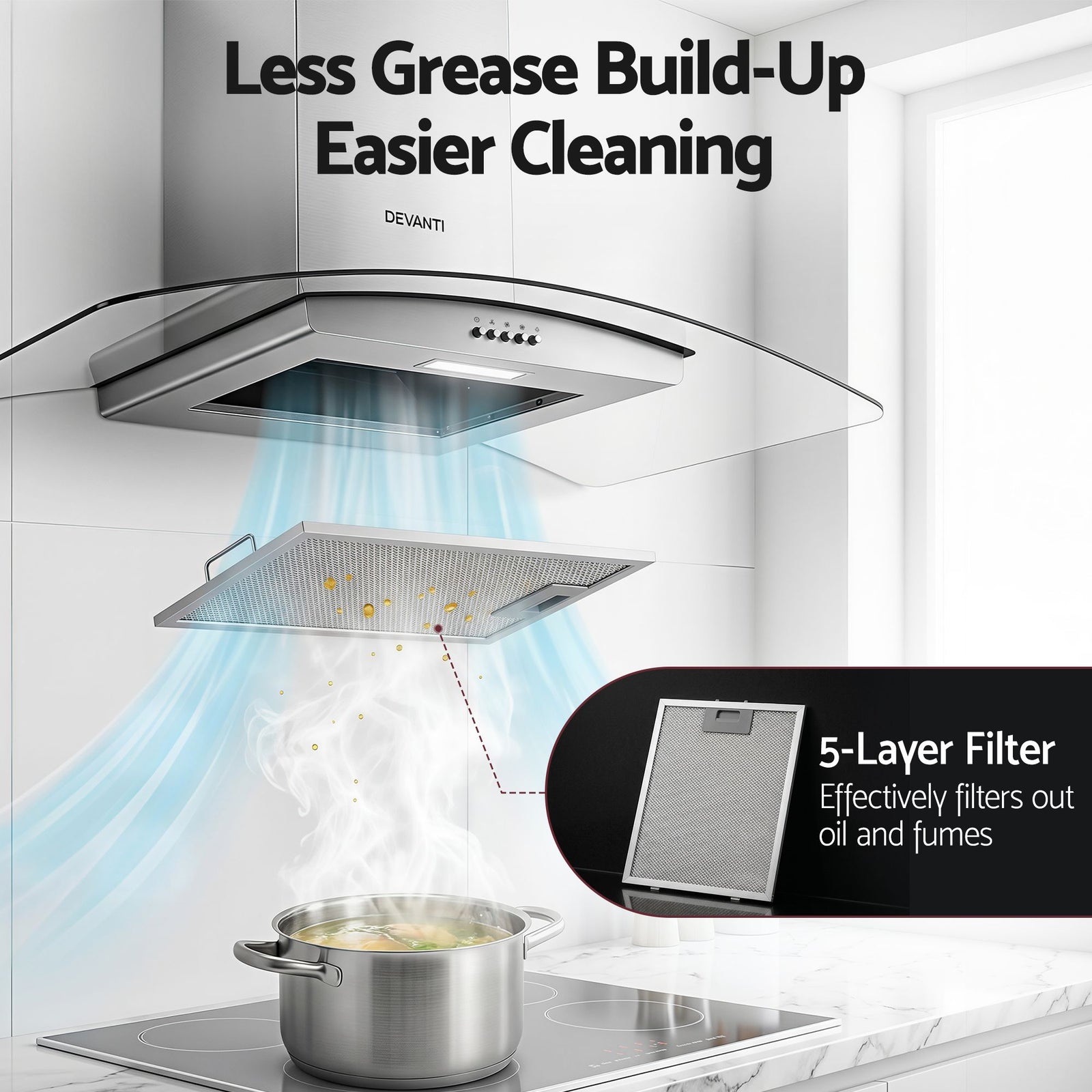 90cm Curved Glass Range Hood – 400m³/h Stainless Steel Canopy