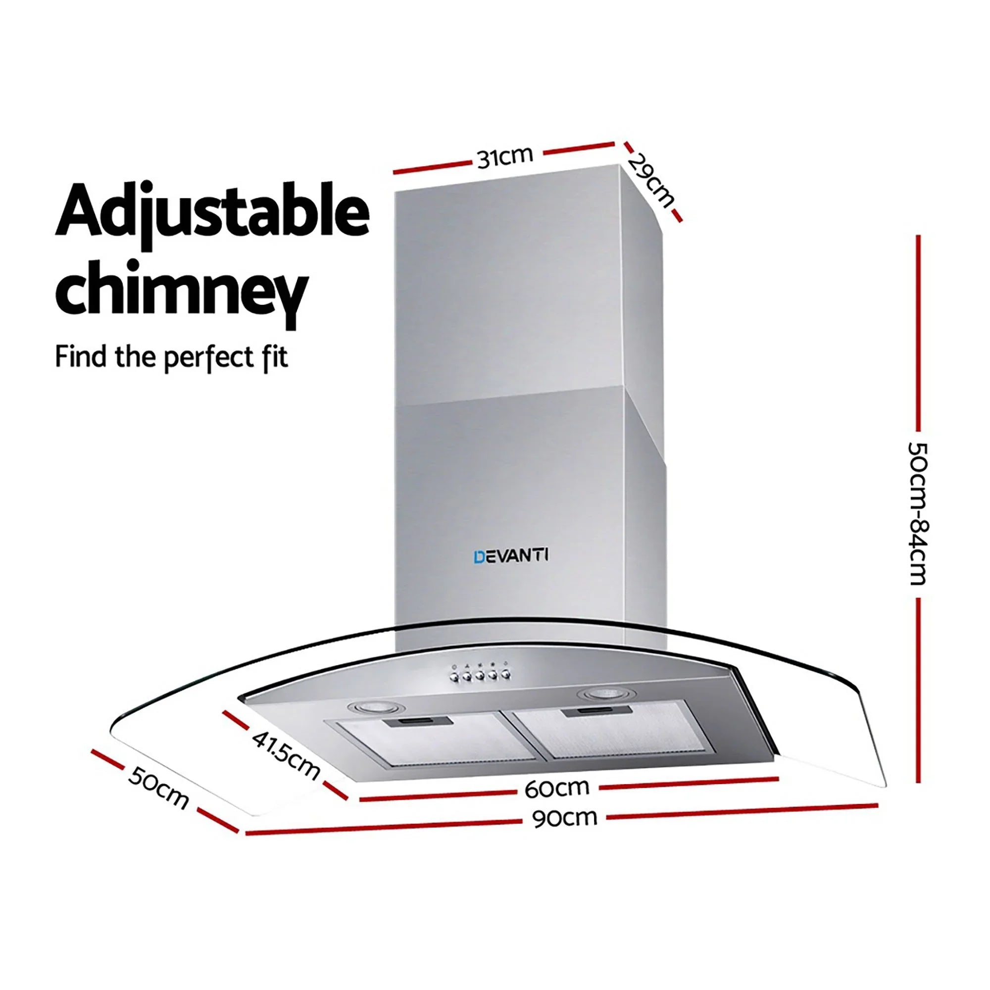 900mm Range Hood – Stainless Steel & Glass, 14m³/min, 3‑Speed, LED Lights