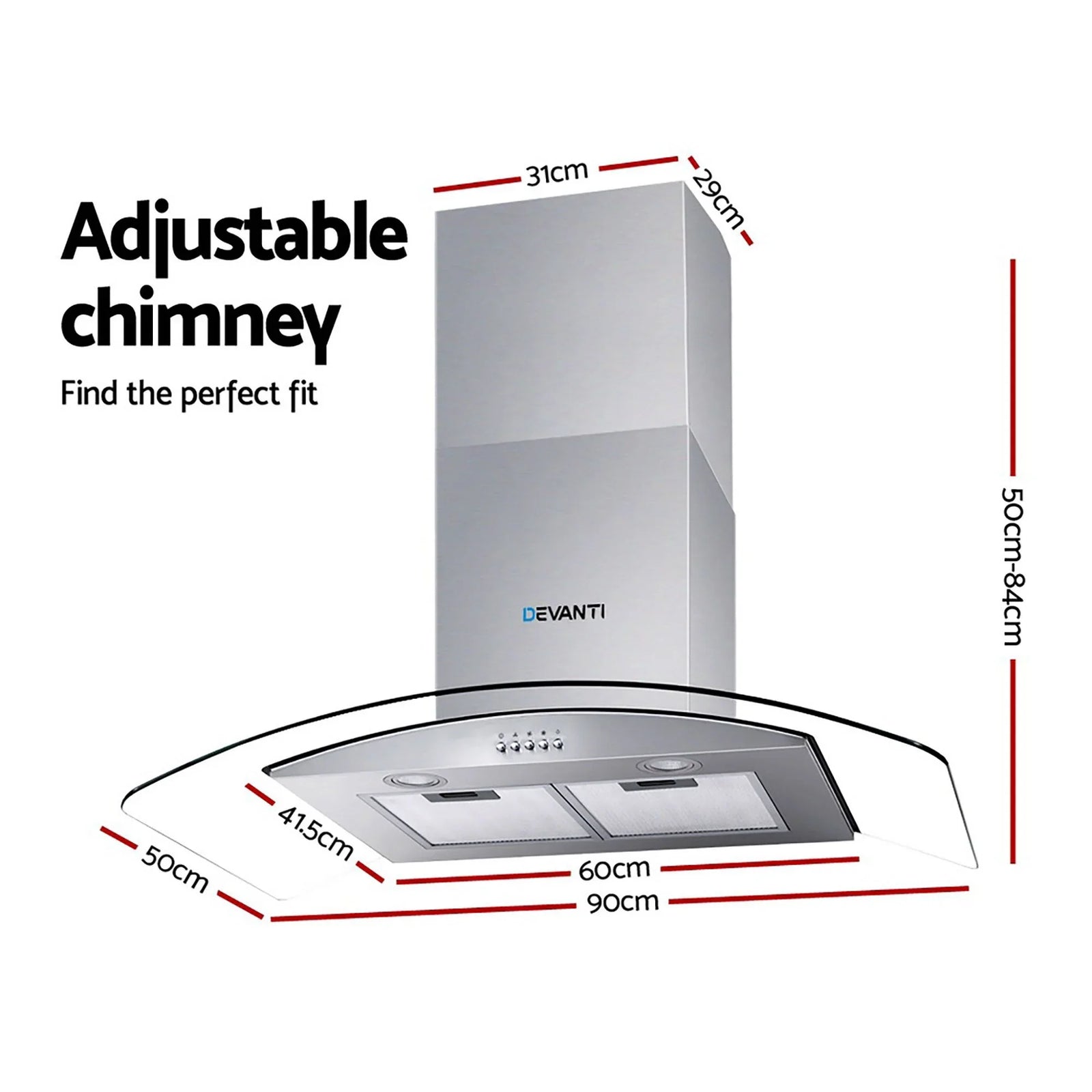 900mm Range Hood – Stainless Steel & Glass, 14m³/min, 3‑Speed, LED Lights