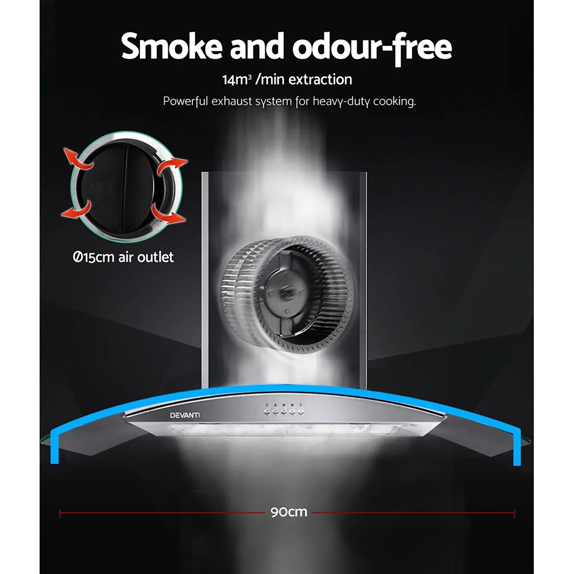 900mm Range Hood – Stainless Steel & Glass, 14m³/min, 3‑Speed, LED Lights