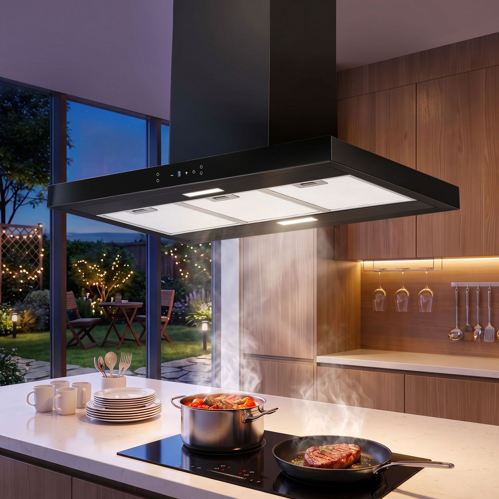 90cm Island Rangehood Ceiling-Mounted 3-Speed Touch Control LED Black
