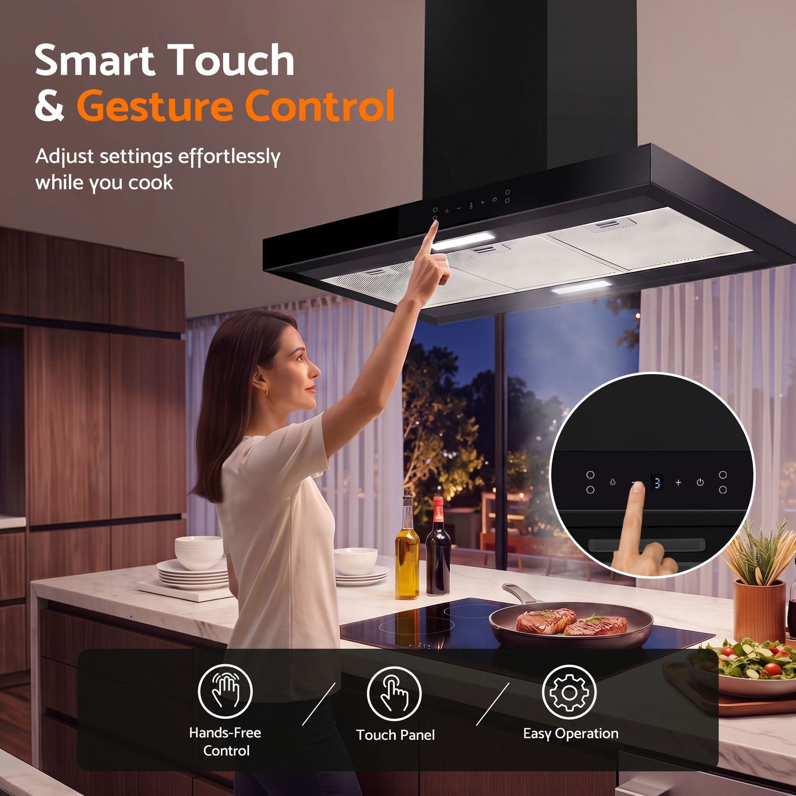 90cm Island Rangehood Ceiling-Mounted 3-Speed Touch Control LED Black