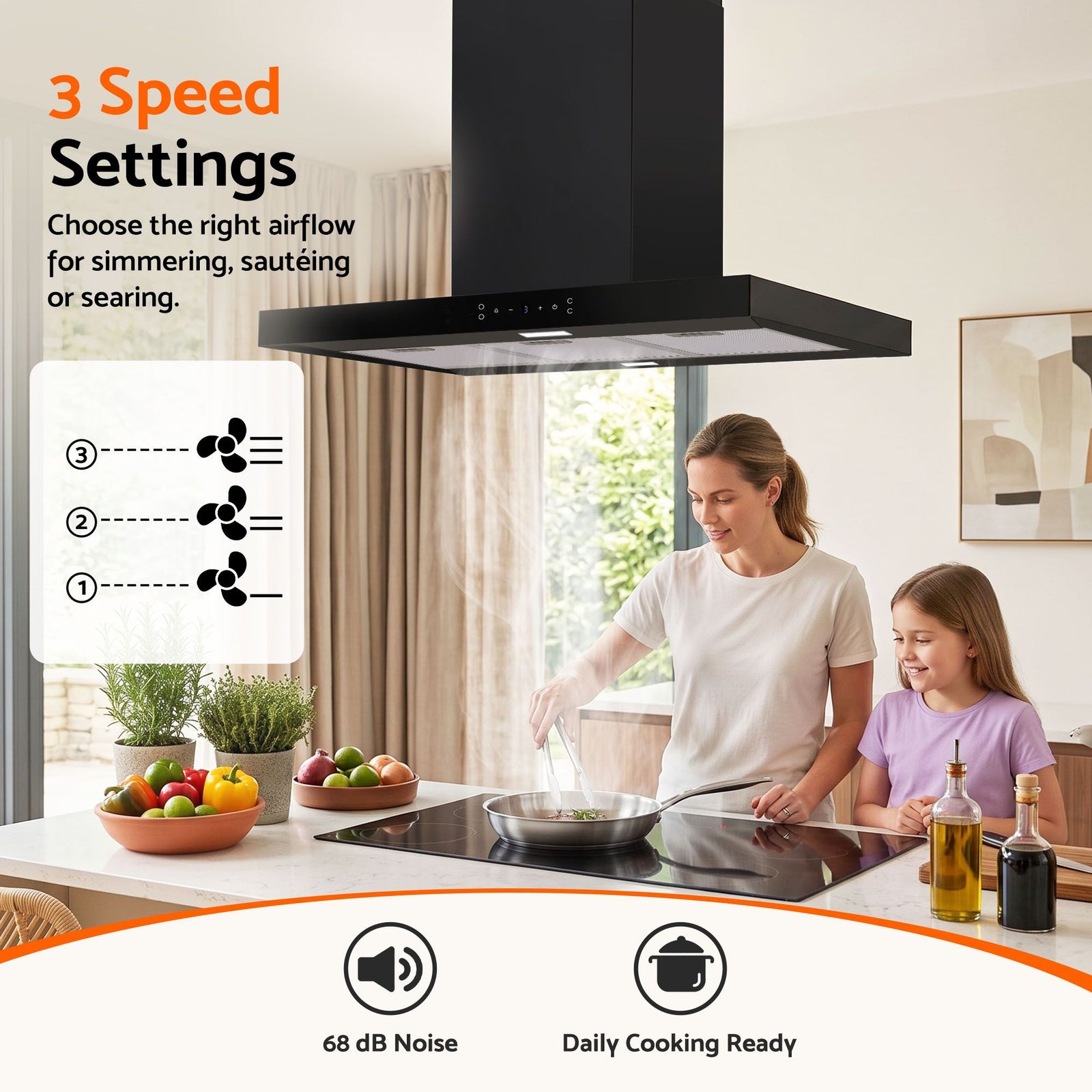 90cm Island Rangehood Ceiling-Mounted 3-Speed Touch Control LED Black