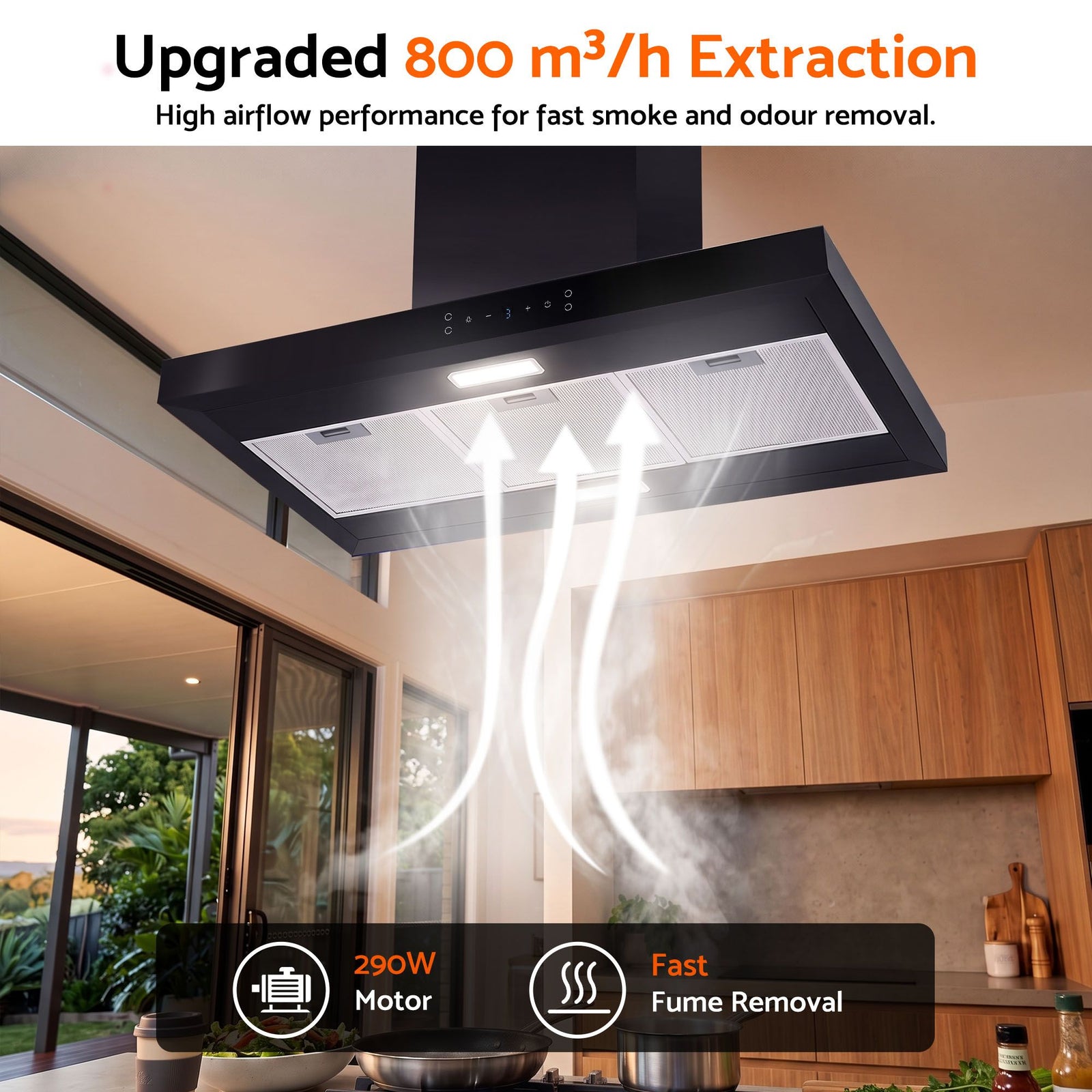 90cm Island Rangehood Ceiling-Mounted 3-Speed Touch Control LED Black