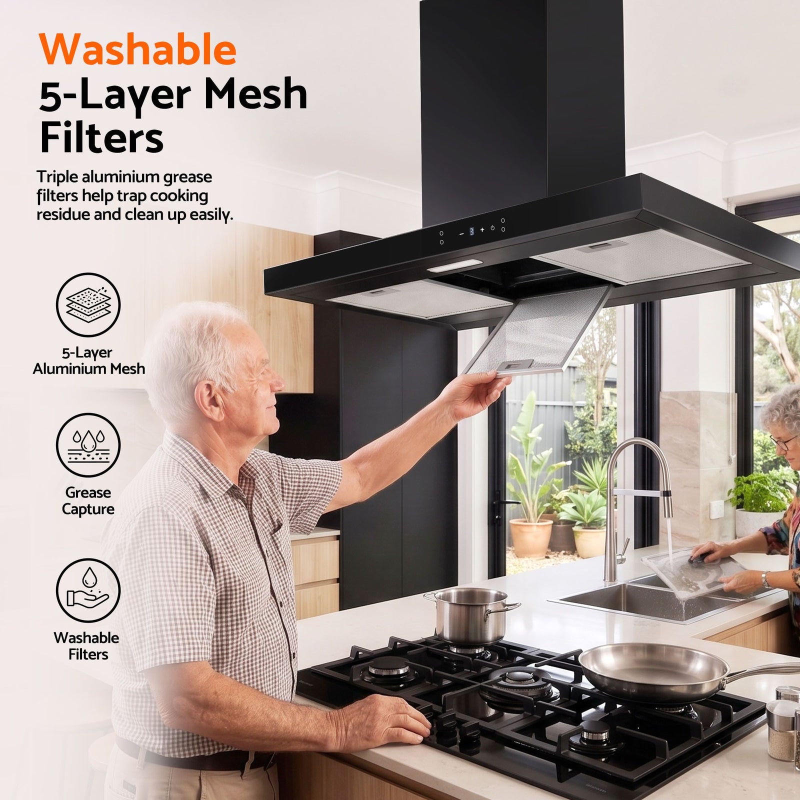 90cm Island Rangehood Ceiling-Mounted 3-Speed Touch Control LED Black