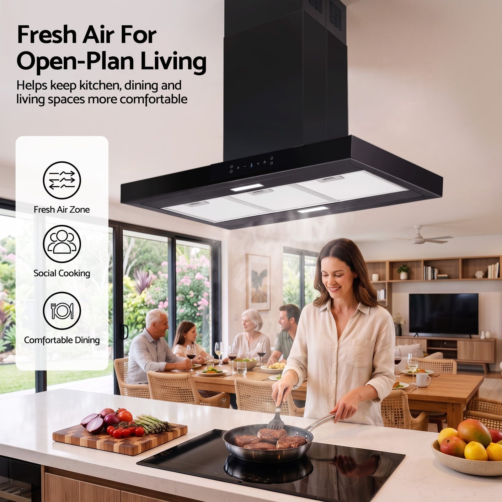 90cm Island Rangehood Ceiling-Mounted 3-Speed Touch Control LED Black