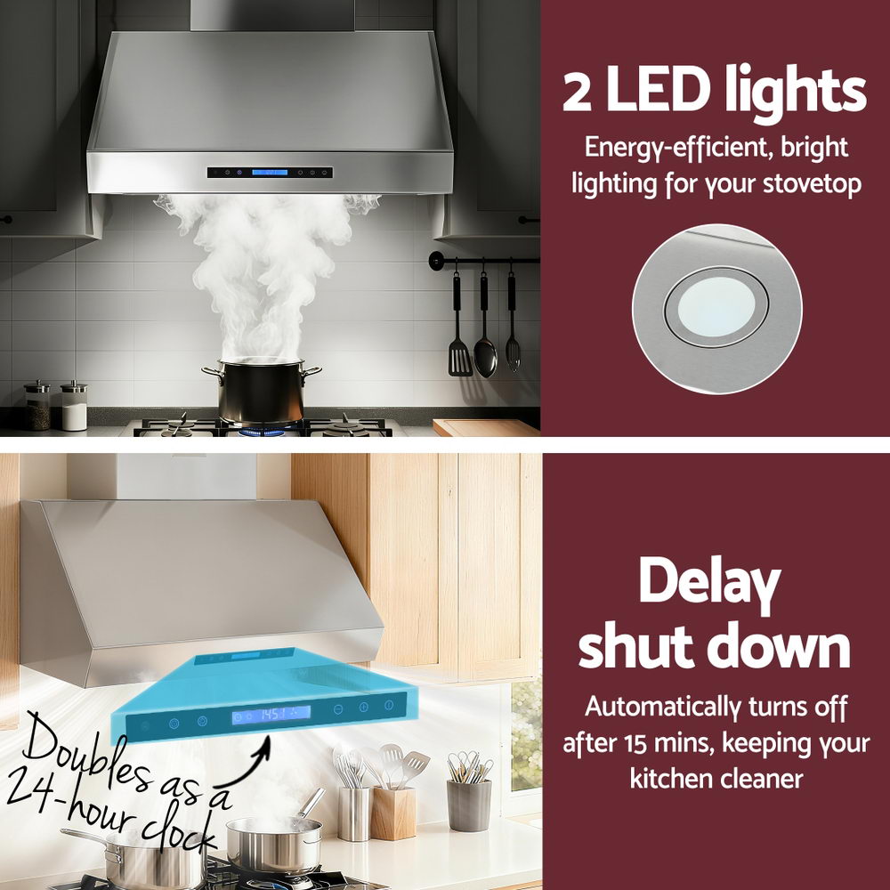 900mm Range Hood 3-Speed Fan LED Display Remote Control