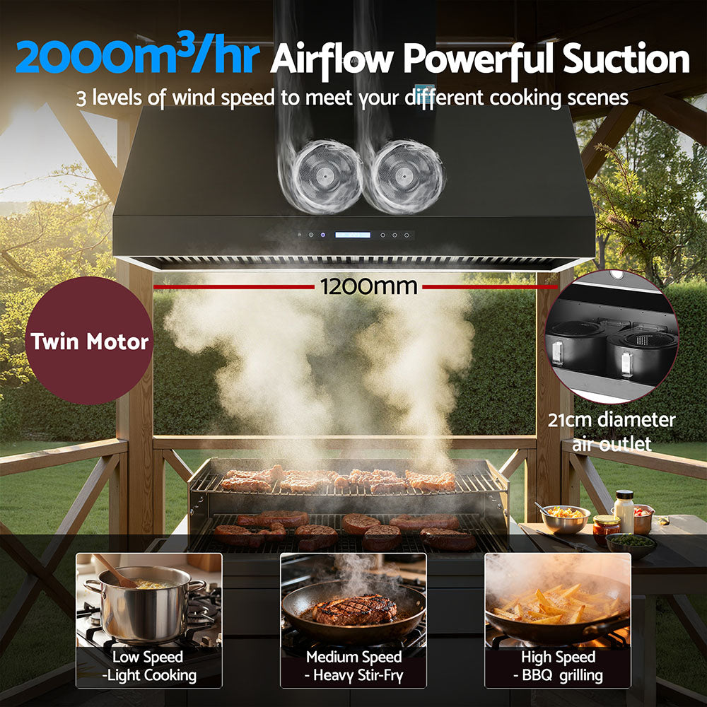1200mm Commercial BBQ Range Hood Dual Motor W/ Remote Control Black