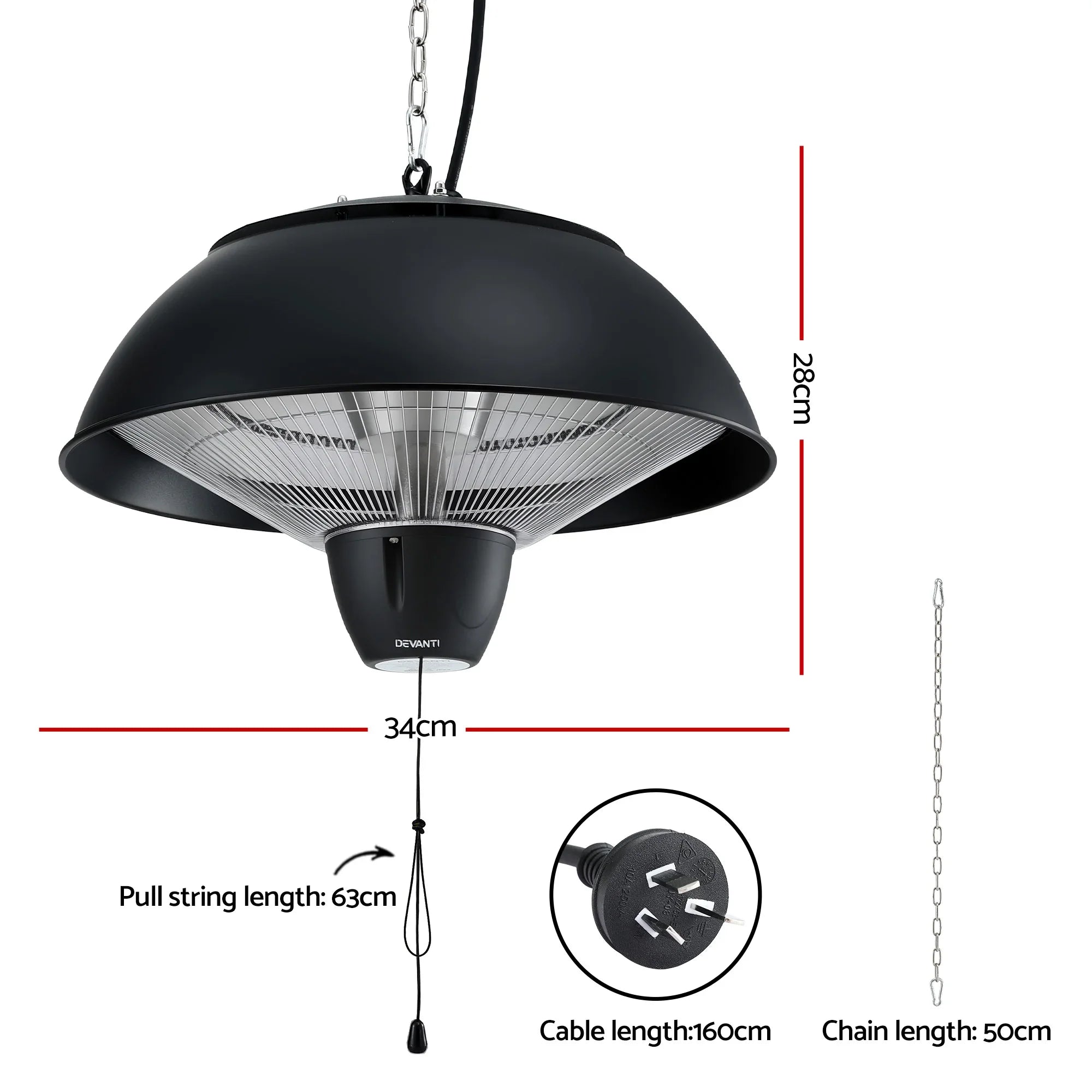 Hanging Infrared Heater – 1500W, IPX4 Outdoor, Carbon Fibre Tube, Ceiling Mount
