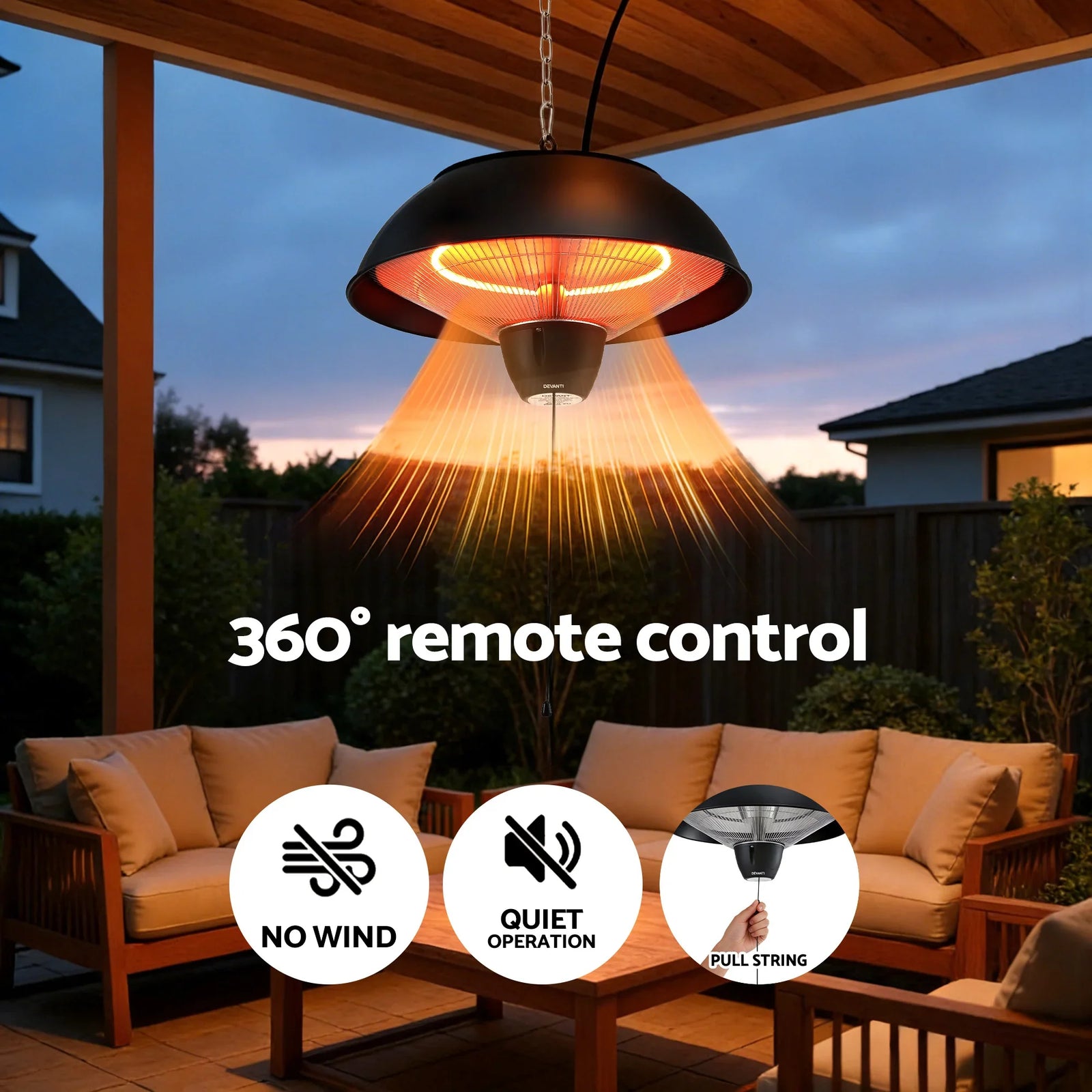 Hanging Infrared Heater – 1500W, IPX4 Outdoor, Carbon Fibre Tube, Ceiling Mount