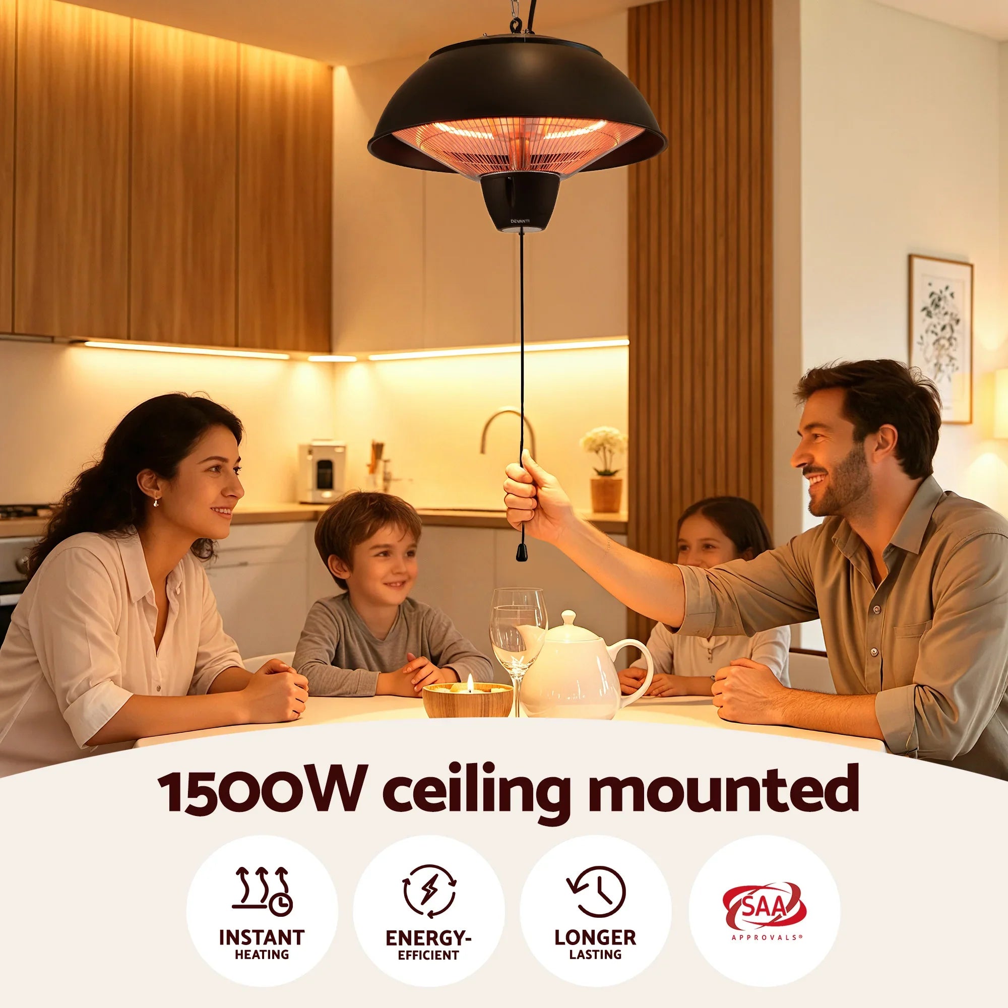 Hanging Infrared Heater – 1500W, IPX4 Outdoor, Carbon Fibre Tube, Ceiling Mount