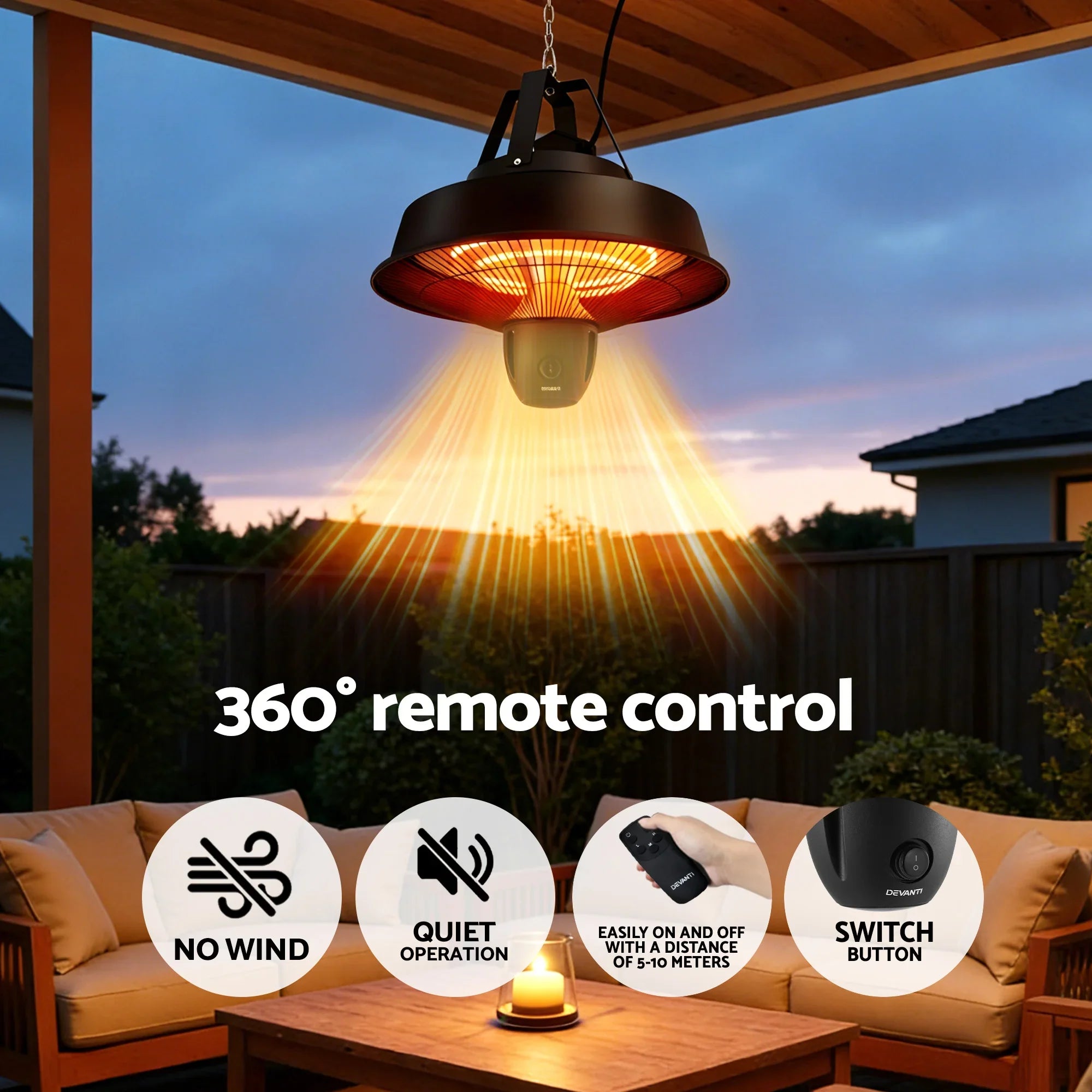 2000W Electric Patio Heater Ceiling Mounted Hanging Heaters Remote