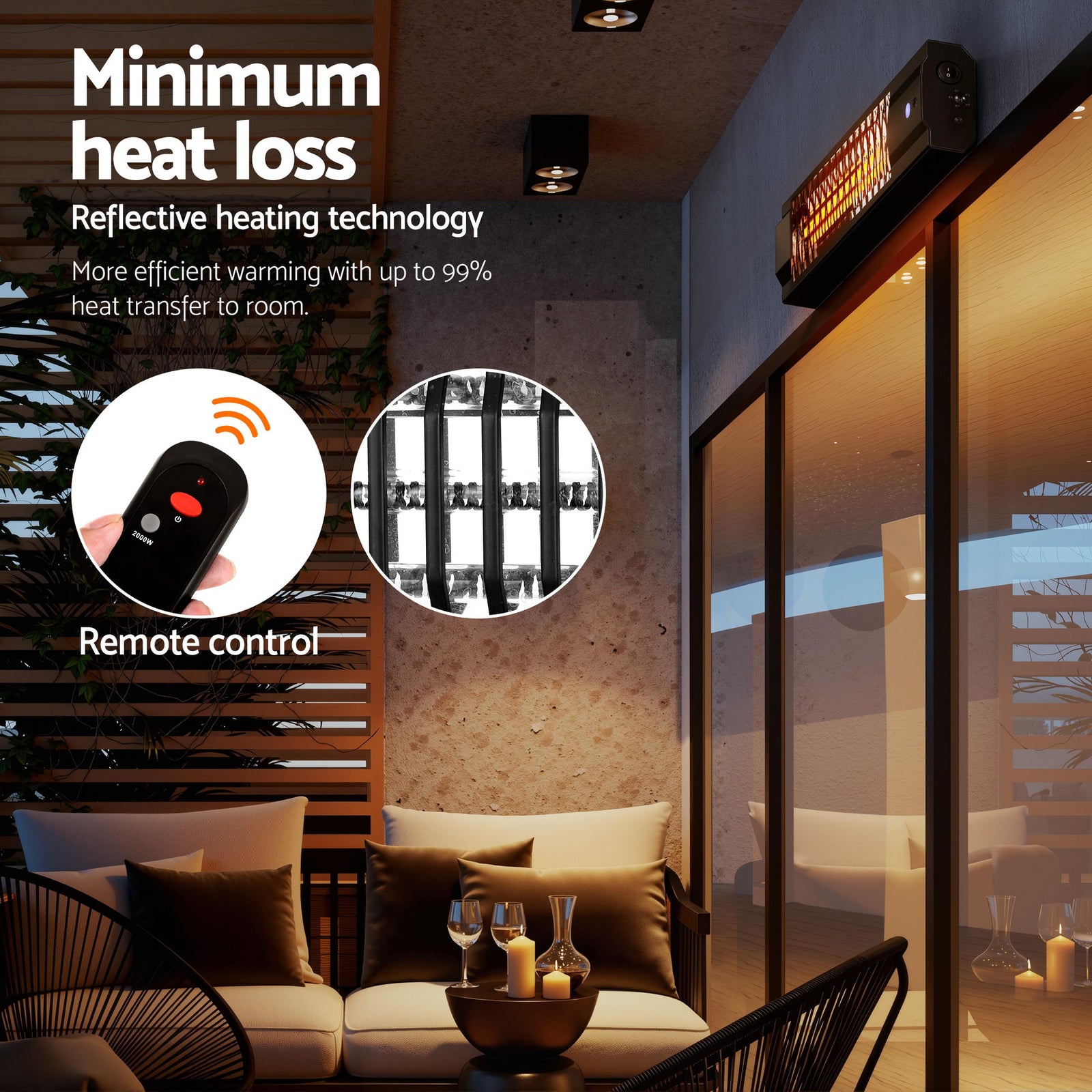 Halogen Infrared Heater – 2000W, IP65, Remote, Wall‑Mounted, Carbon Fibre