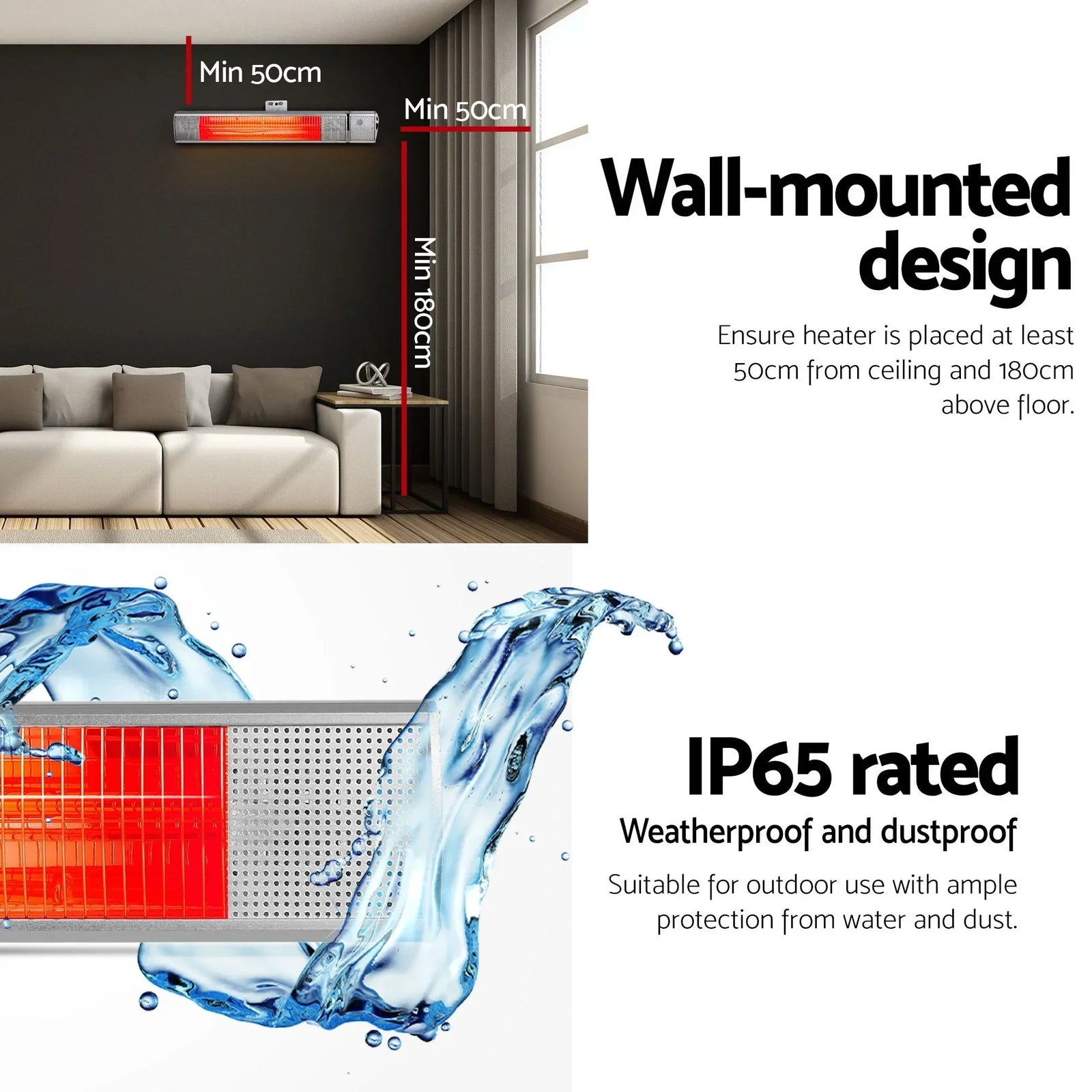 Halogen Infrared Heater – 750/1500/2000W, IP65, Remote, Wall‑Mounted