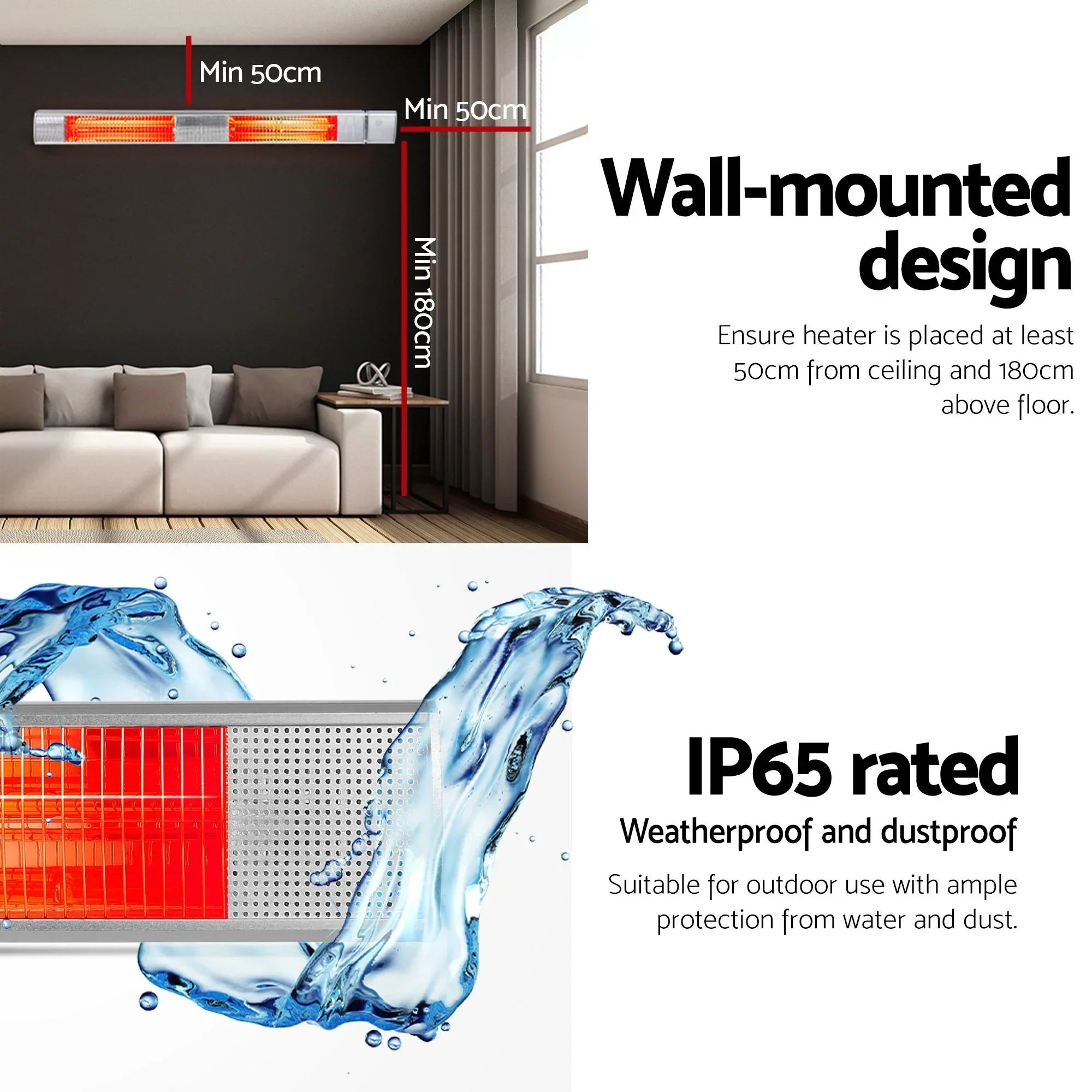 Halogen Infrared Heater – 1000/2000/3000W, IP65, Remote, Wall‑Mounted 15A Plug