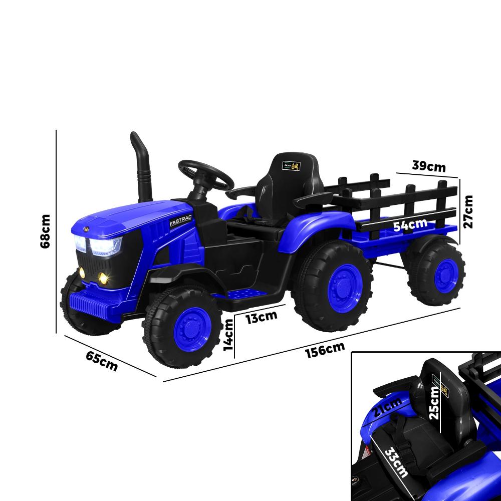 XL Kids Ride On Tractor 12V with Trailer Remote Blue