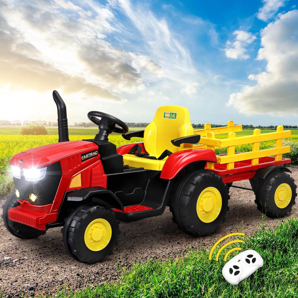 XL Kids Ride On Tractor 12V with Trailer Remote Red