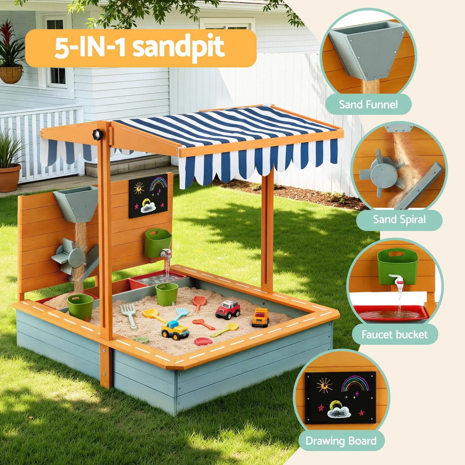 Kids Sandpit Wooden Canopy Sandbox With Cover Funnel Outdoor Toys 110cm Green
