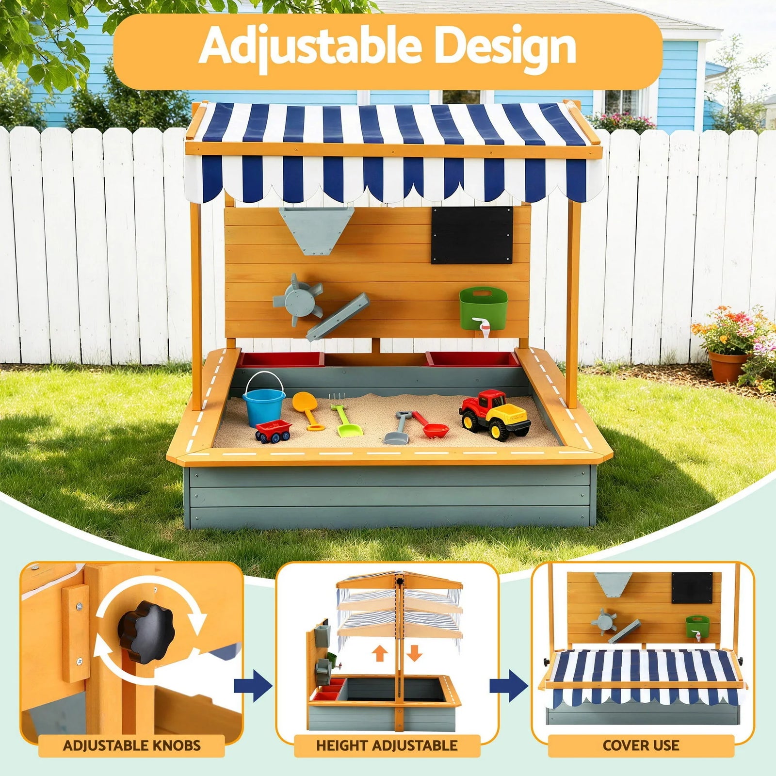 Kids Sandpit Wooden Canopy Sandbox With Cover Funnel Outdoor Toys 110cm Green