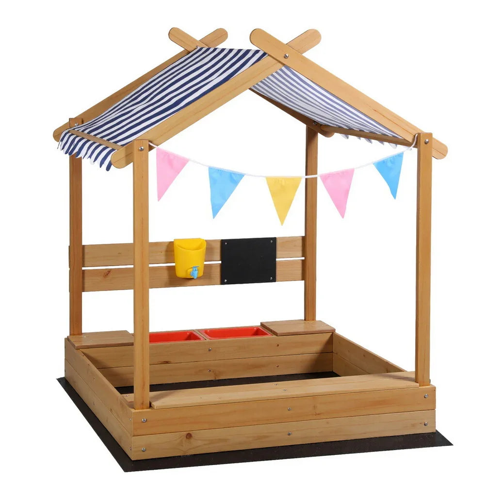 Kids Sandpit Wooden Sandbox Sand Pit with Canopy Water Basin Toys 146cm