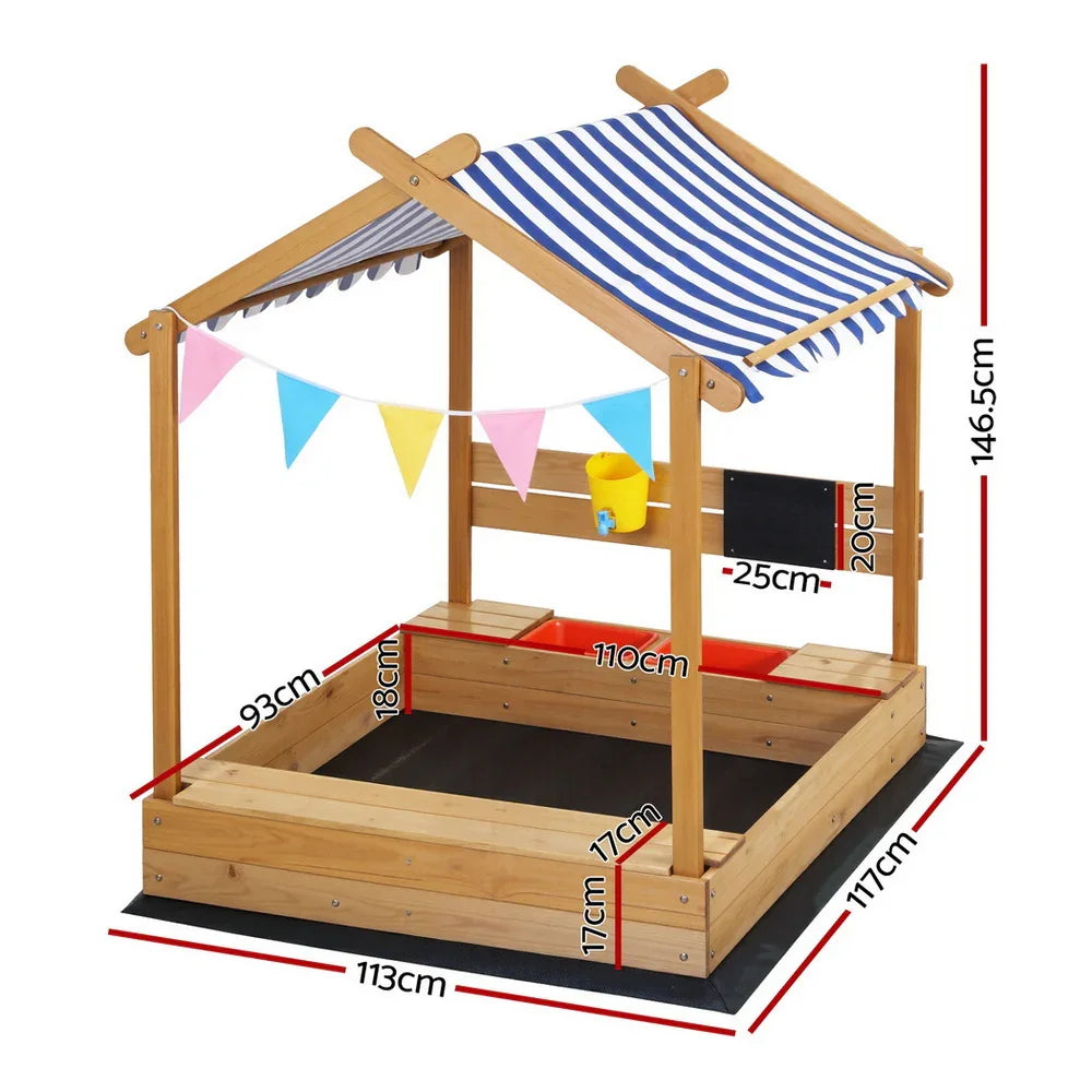 Kids Sandpit Wooden Sandbox Sand Pit with Canopy Water Basin Toys 146cm