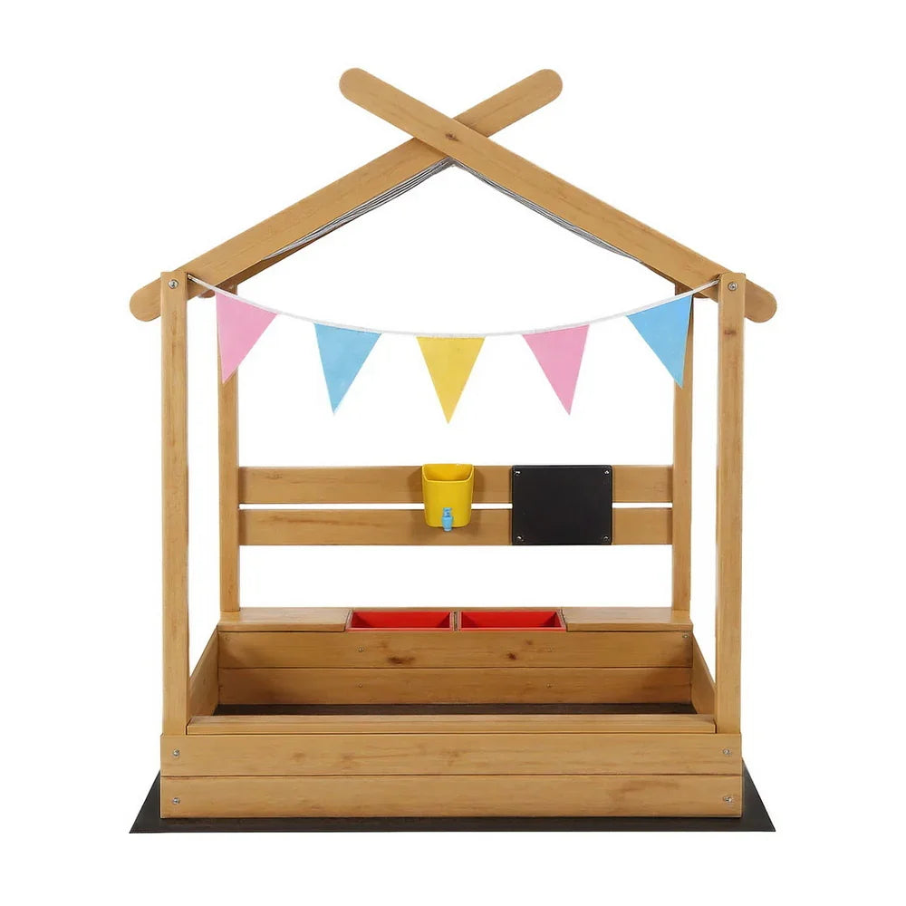 Kids Sandpit Wooden Sandbox Sand Pit with Canopy Water Basin Toys 146cm